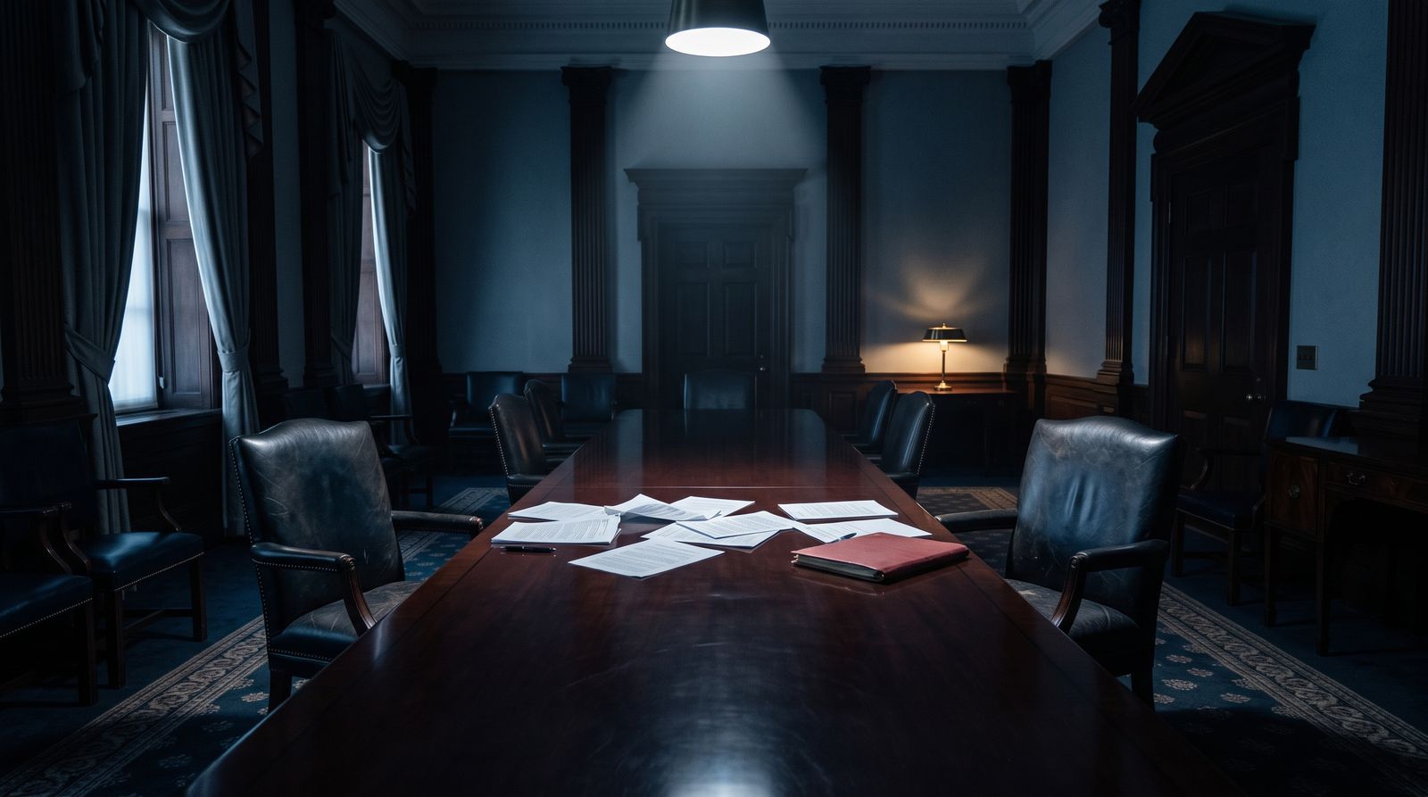Empty negotiation table in a dim government conference room, two chairs facing off across scattered documents