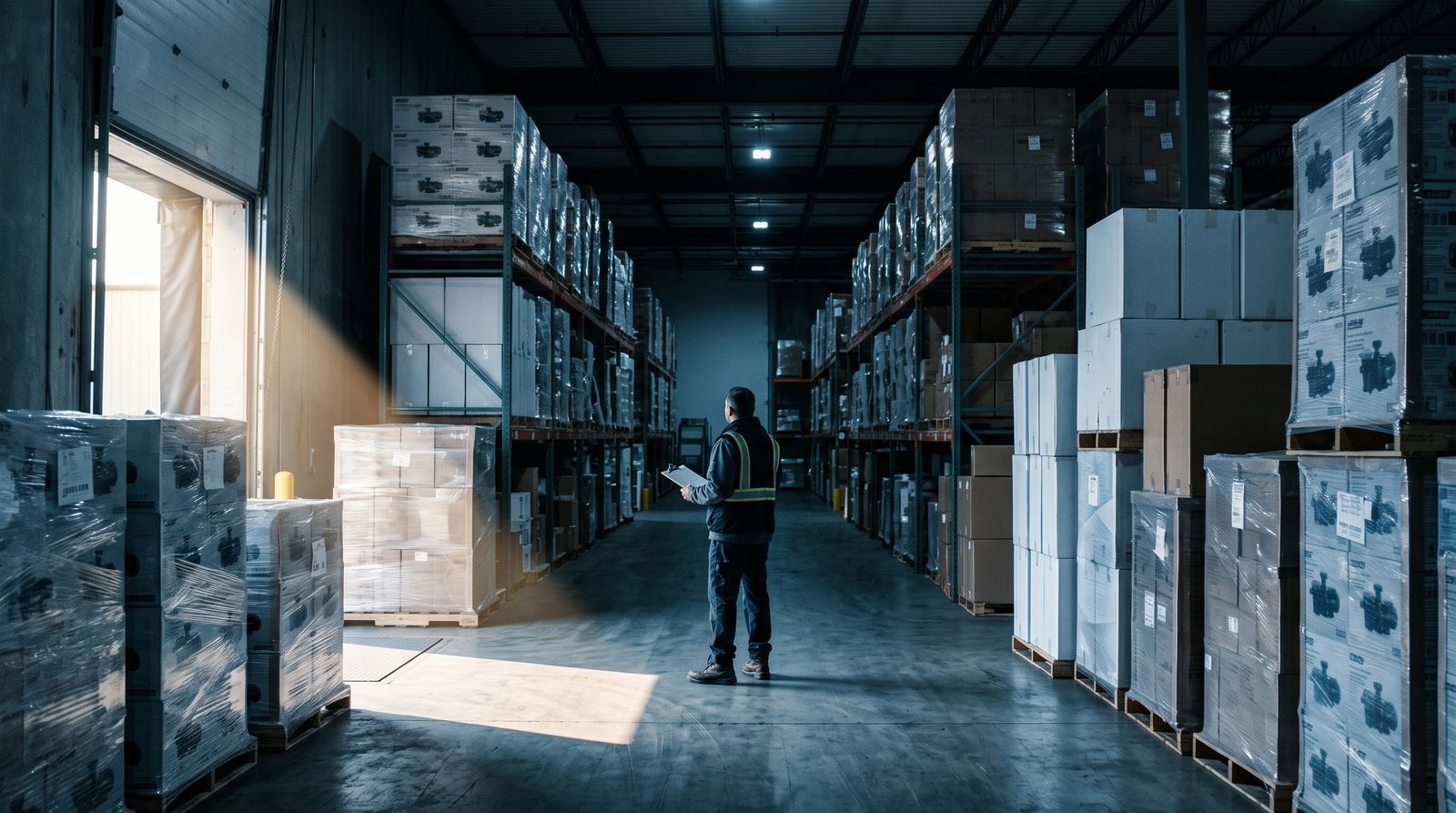 Warehouse stacked with shrink-wrapped pool equipment pallets, lone worker walking away