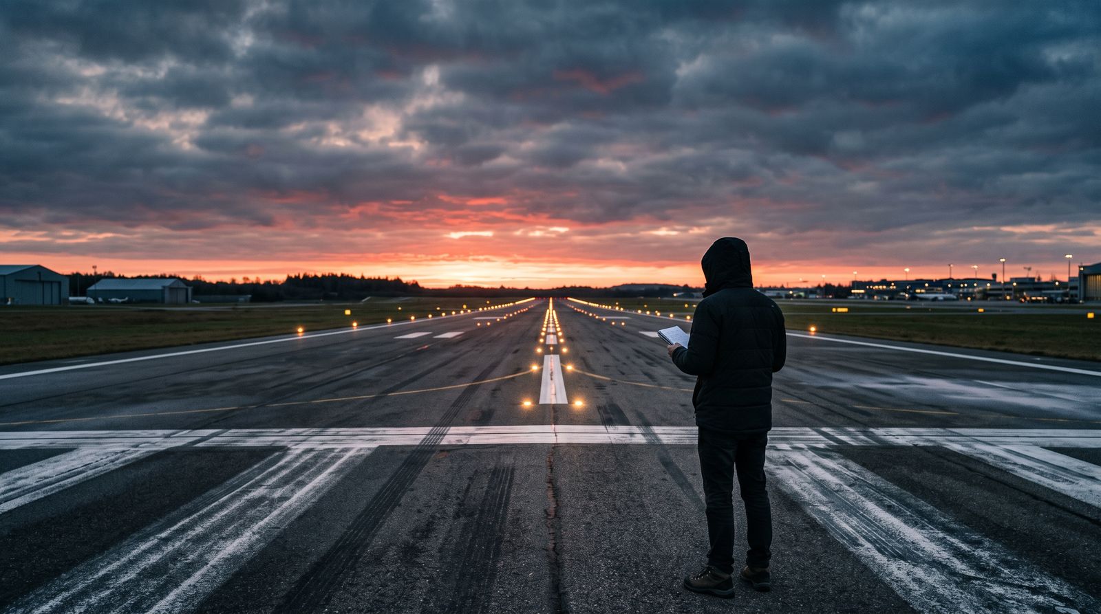 Person standing at the start of a runway at dawn