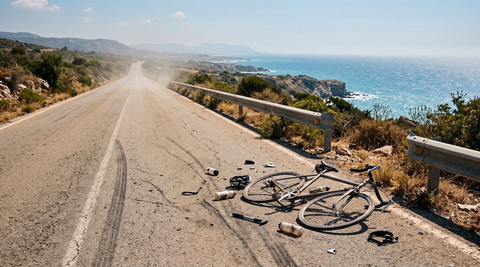 An abandoned road bicycle on hot asphalt beside an empty coastal road