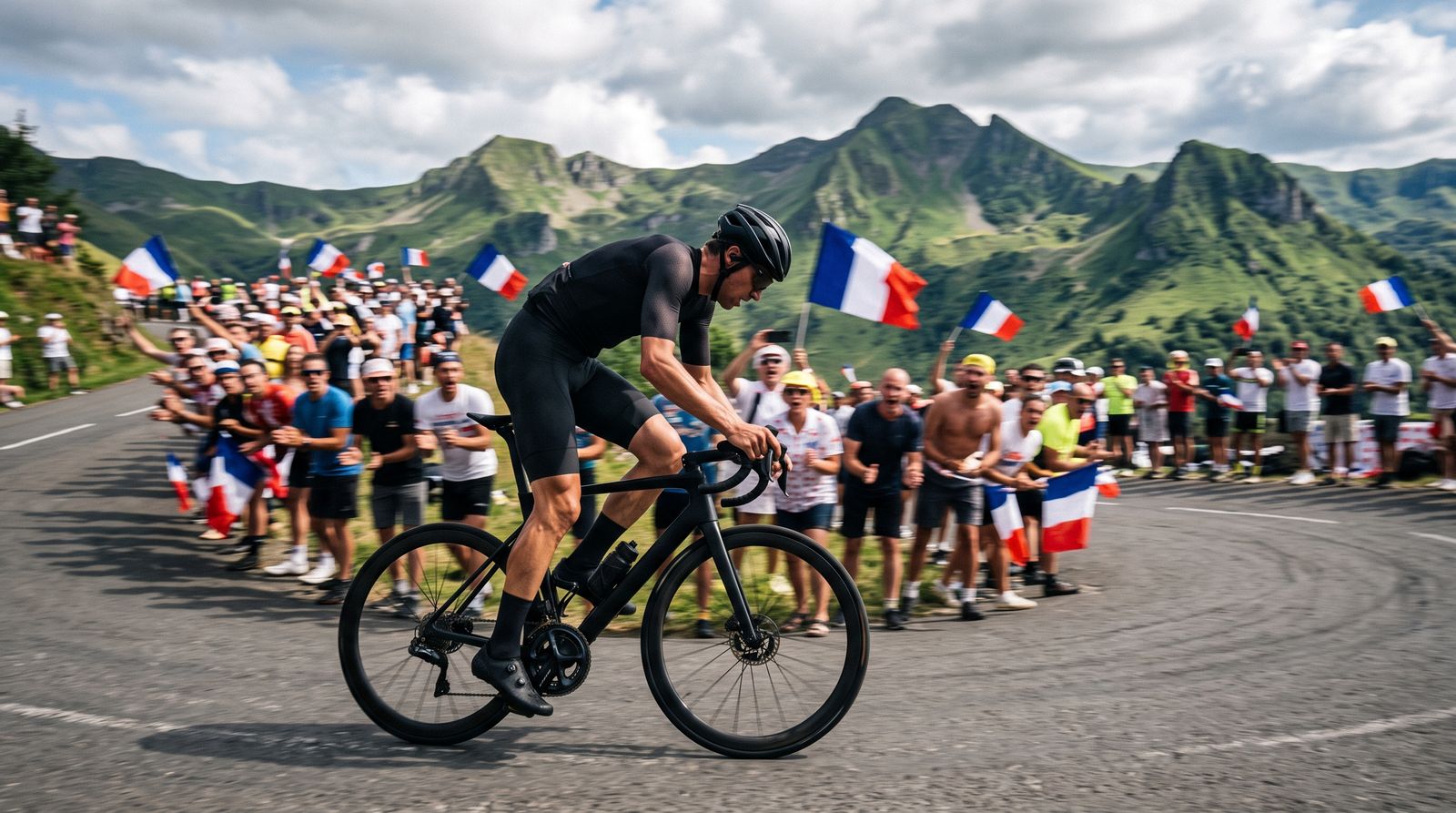 Cyclist attacking solo on a mountain road in central France