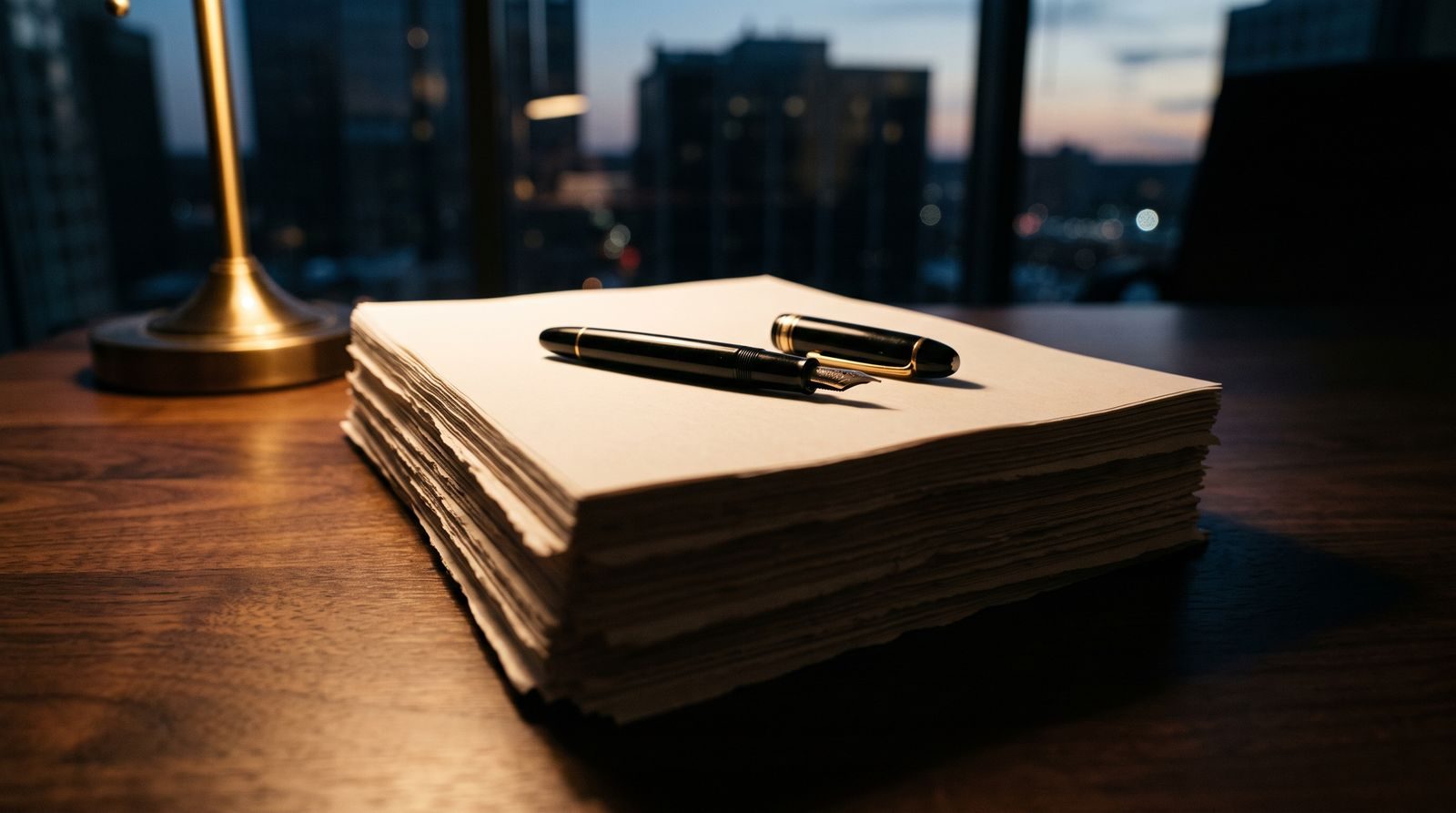 A fountain pen resting on a thick stack of blank contract pages under a desk lamp