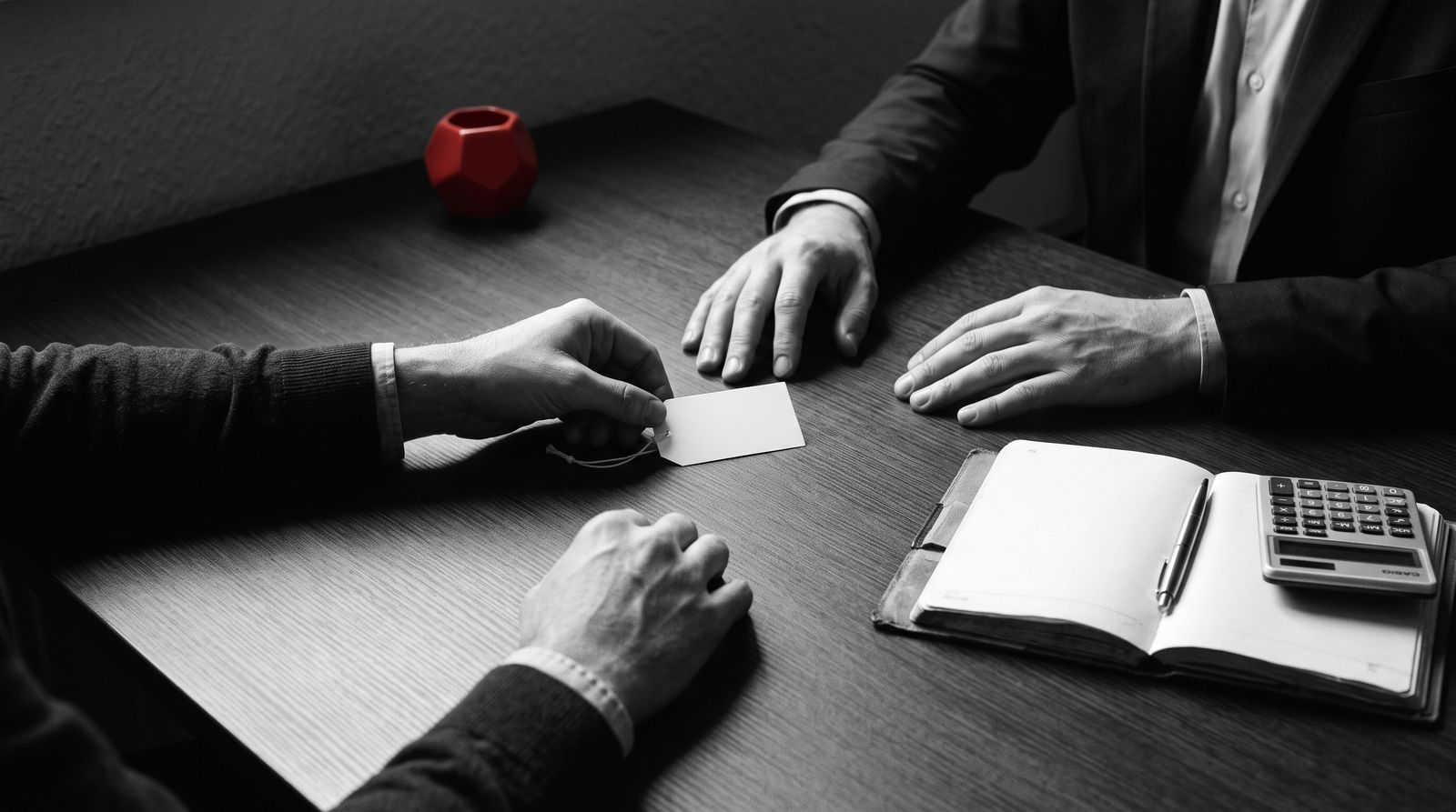 Hands sliding a price tag across a negotiation table