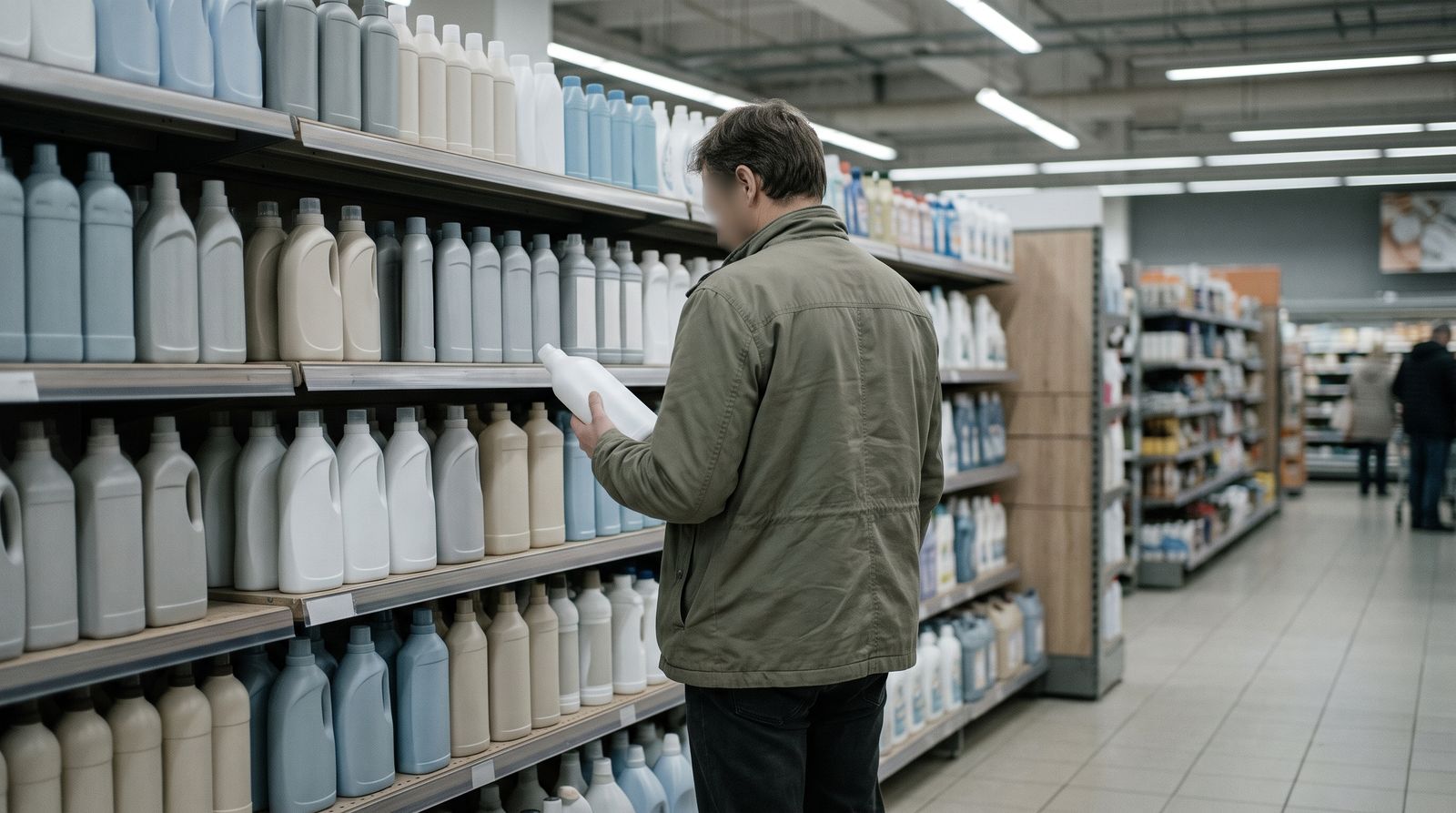 An anonymous shopper pauses in a brightly lit supermarket aisle stocked with unbranded household goods