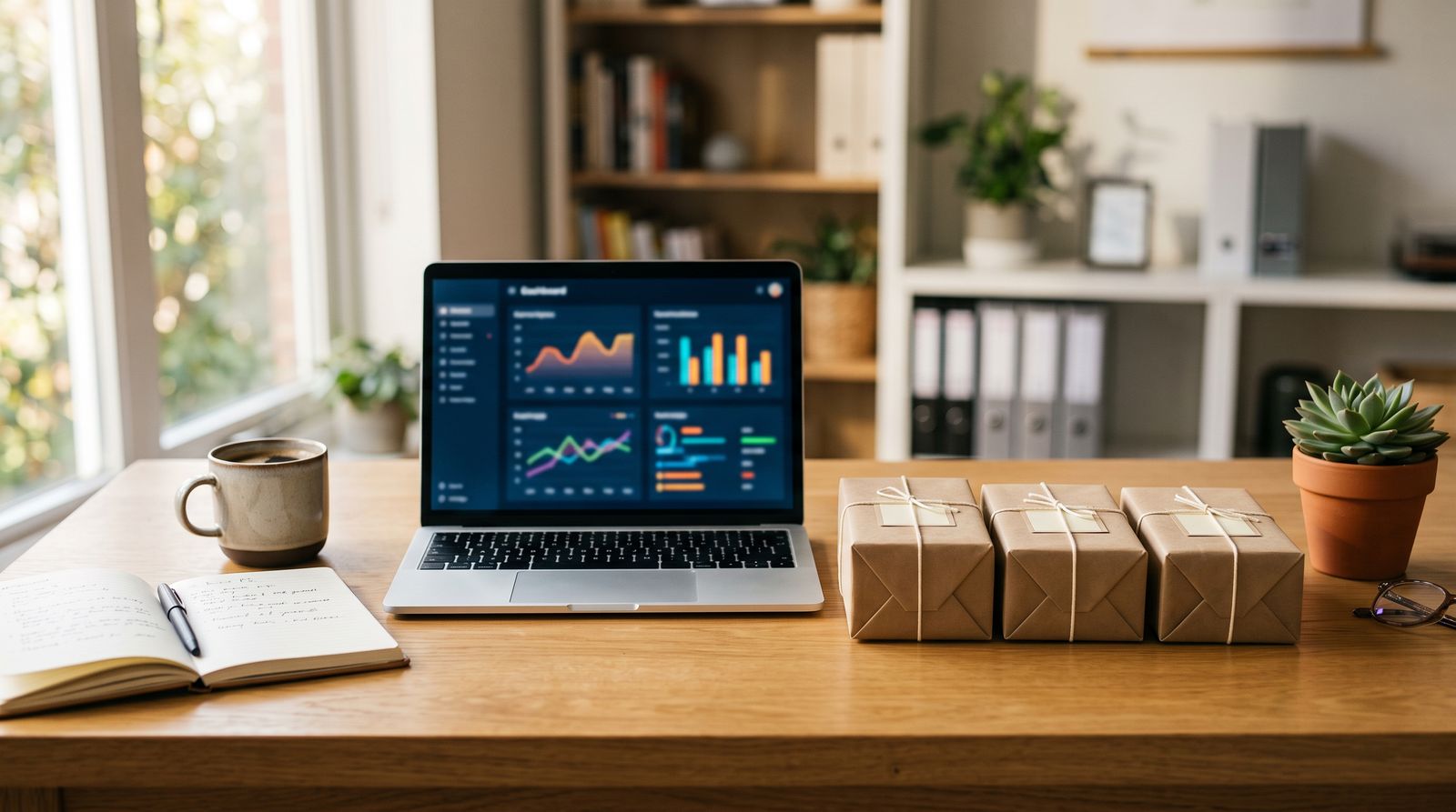 A tidy desk with a laptop and three identical wrapped boxes in a row, representing standardized service packages.