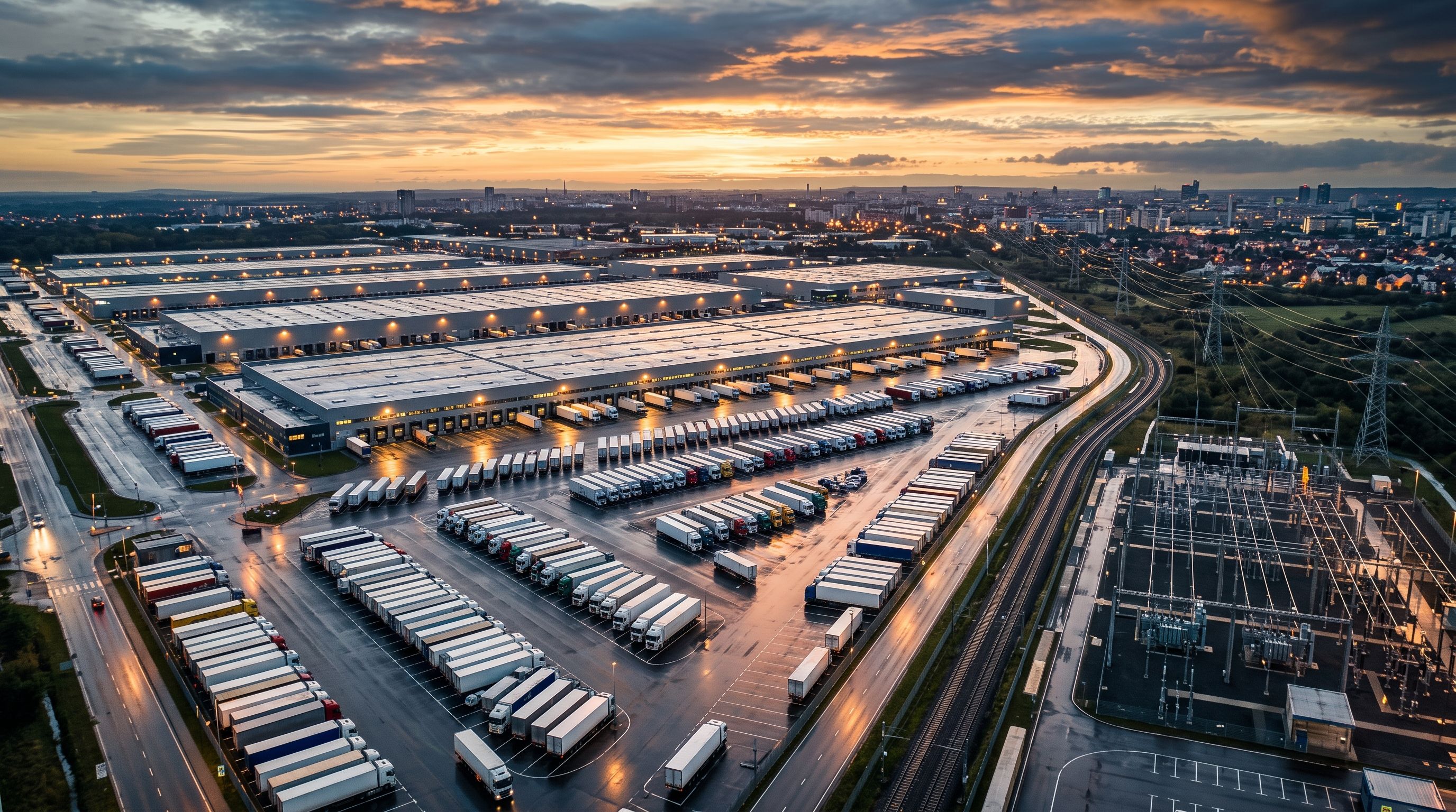Aerial dusk view of a large logistics warehouse complex with power infrastructure at its perimeter