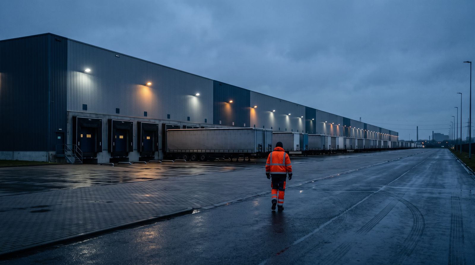 A vast logistics warehouse estate at dusk, rows of loading docks and parked trailers, one worker in a high-vis vest walking away from camera