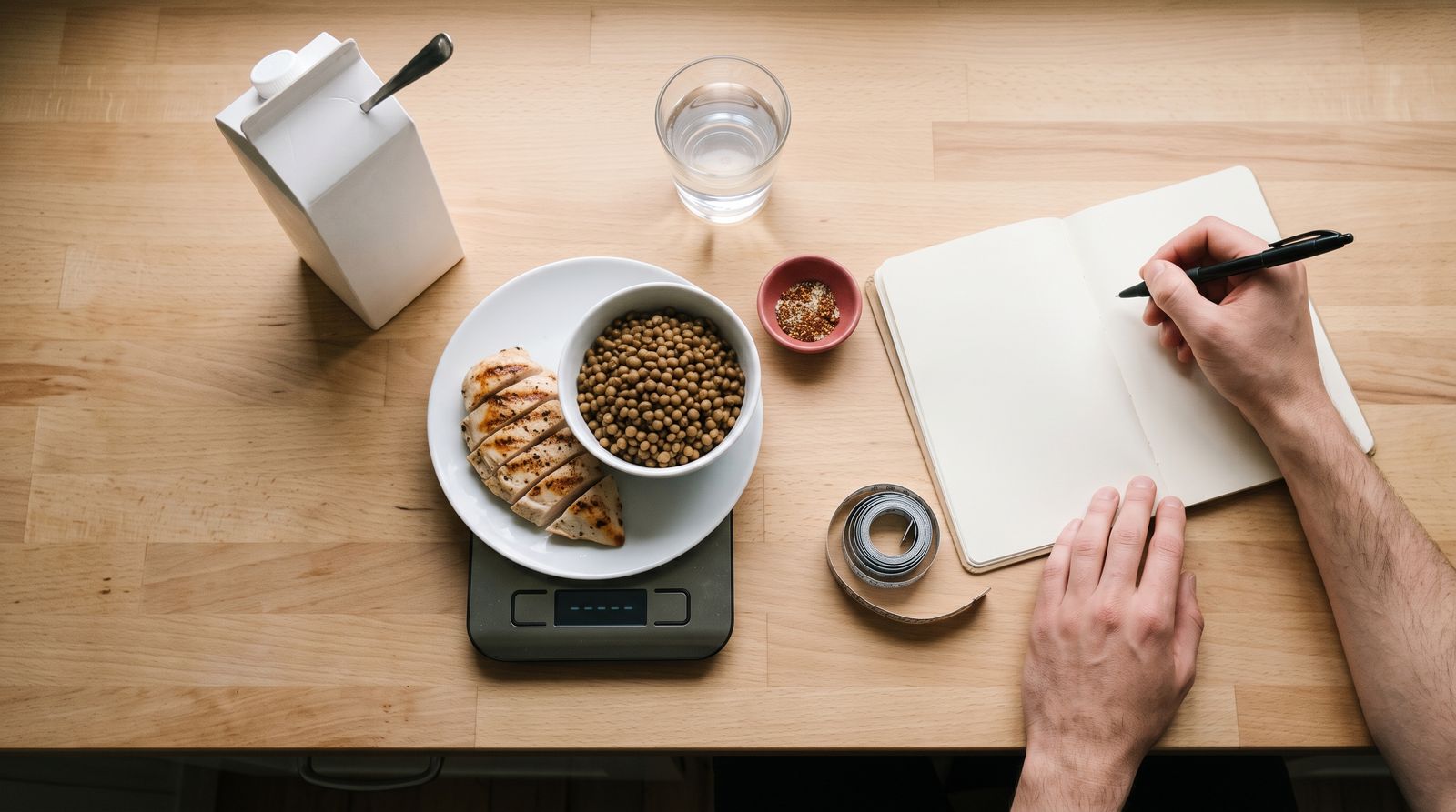 Overhead view of a kitchen counter with a food scale, plate of protein foods, and an open notebook
