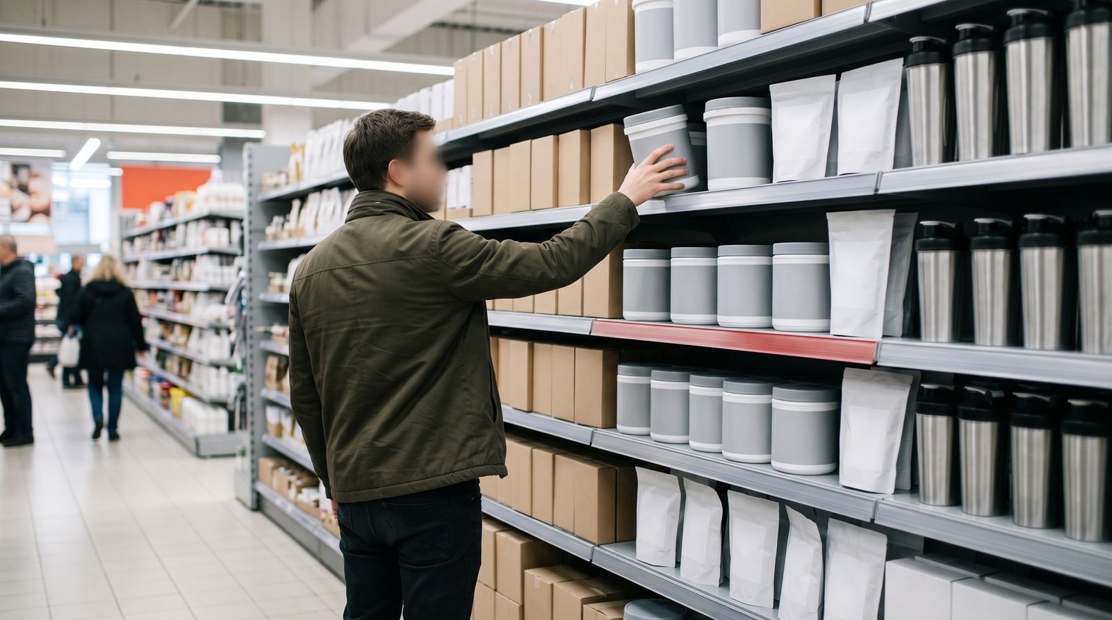 Anonymous shopper reaching for plain unbranded protein-fortified packaging in a supermarket aisle