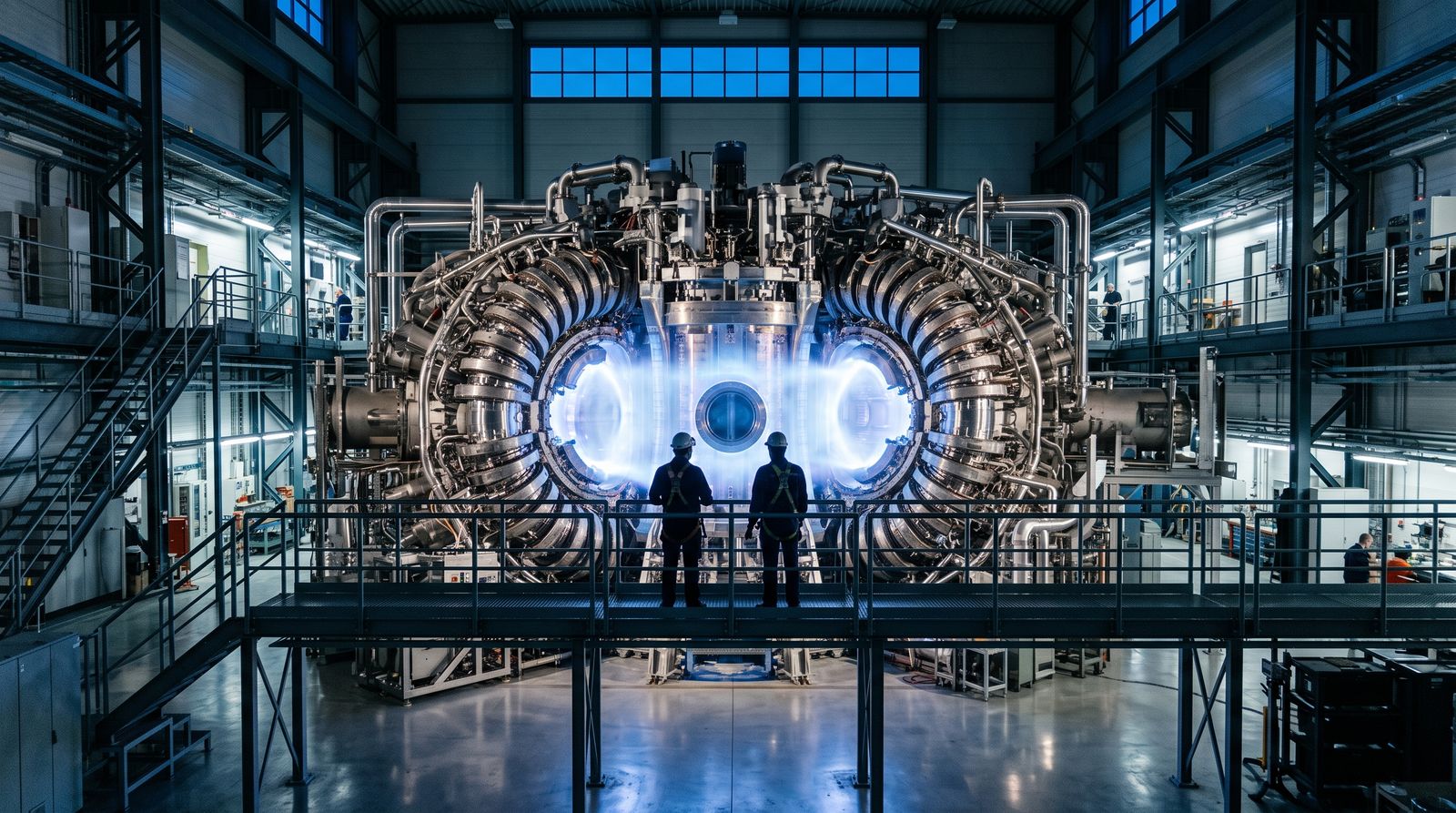 A large stellarator fusion reactor glowing with blue plasma light inside a cavernous research facility, with two engineers silhouetted for scale.