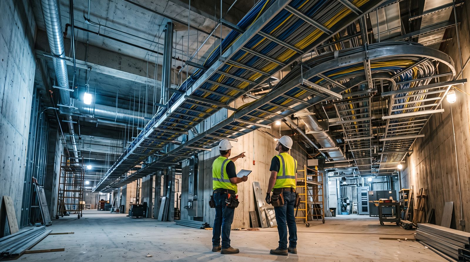 Overhead steel cable trays carrying electrical cabling through a data center under construction
