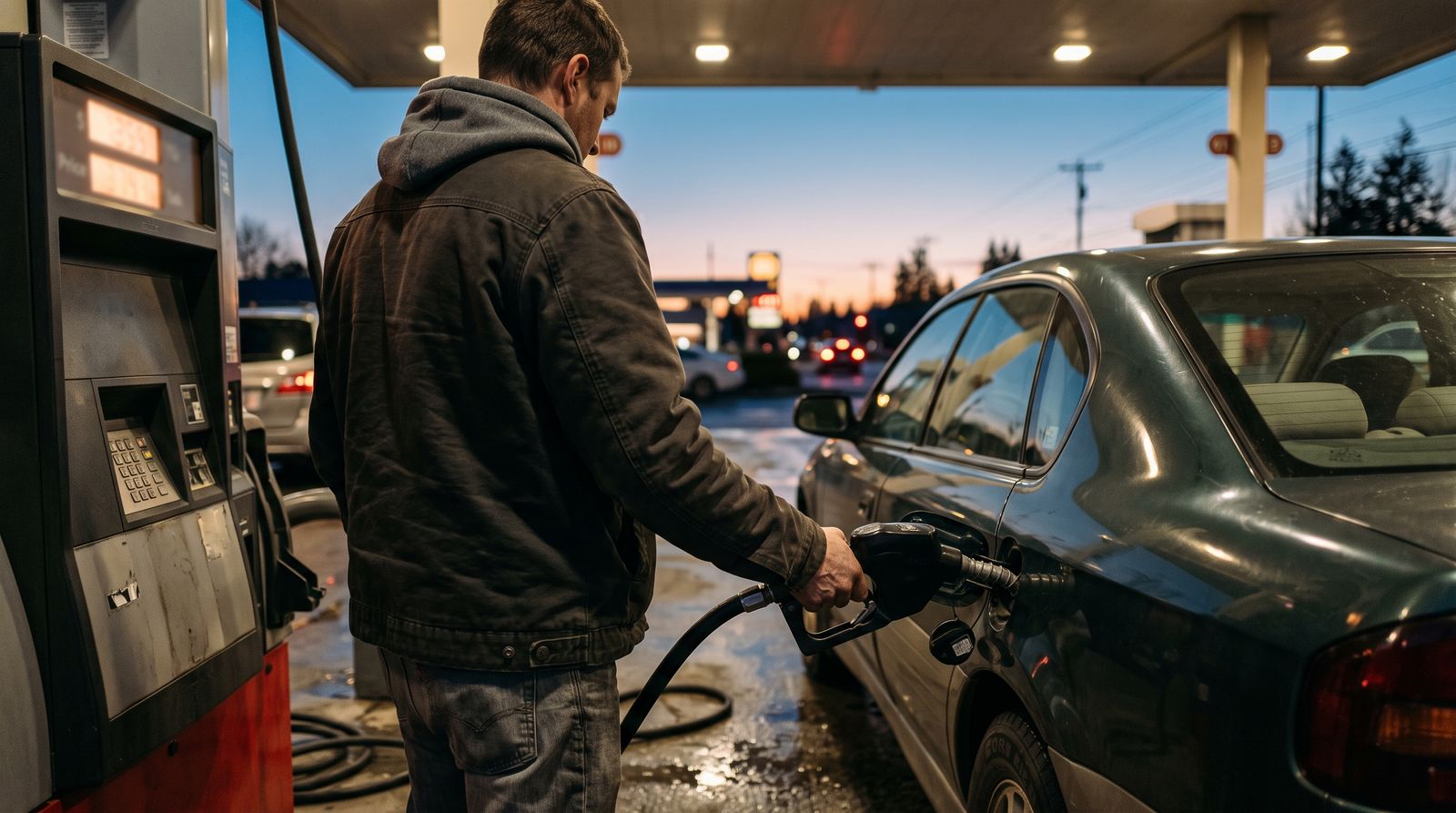 A driver refueling a car at a suburban gas station at dusk