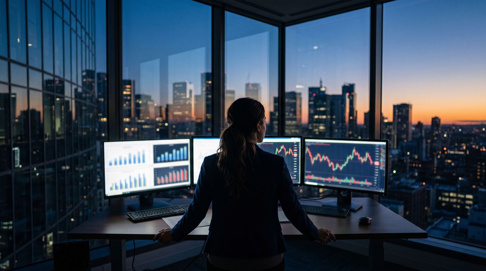 An anonymous analyst silhouetted at a desk of glowing red and green market charts before dawn, a quiet financial-district skyline beyond the windows