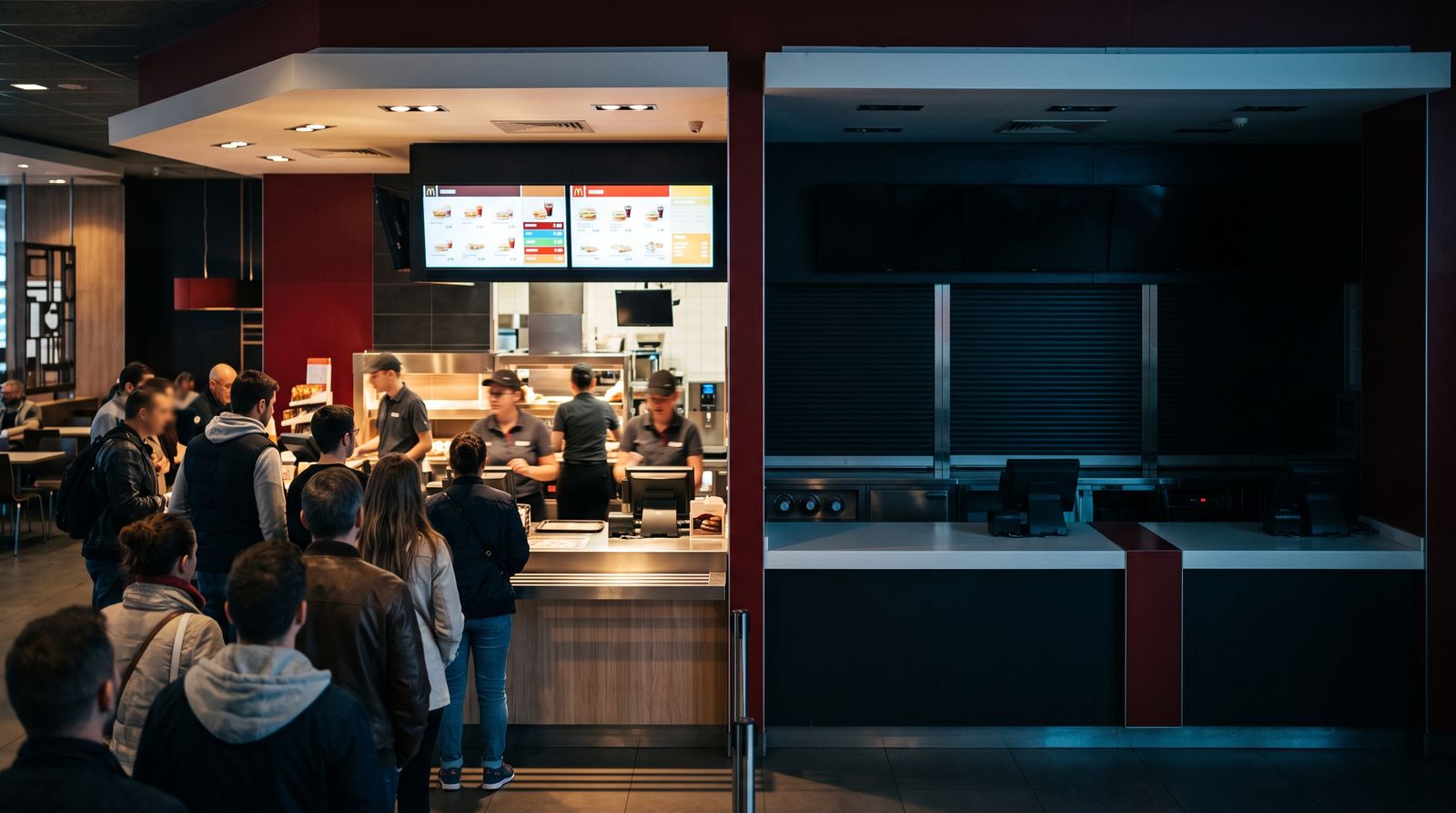 One busy fast-food service counter beside two dark, empty counters