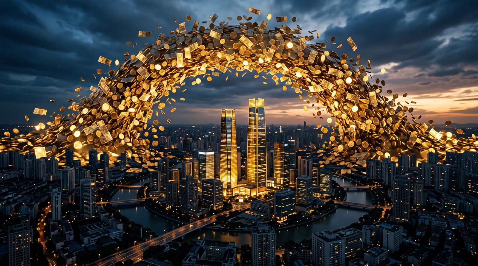 A wave of golden capital cresting over a city where two towers stand far taller than the rest