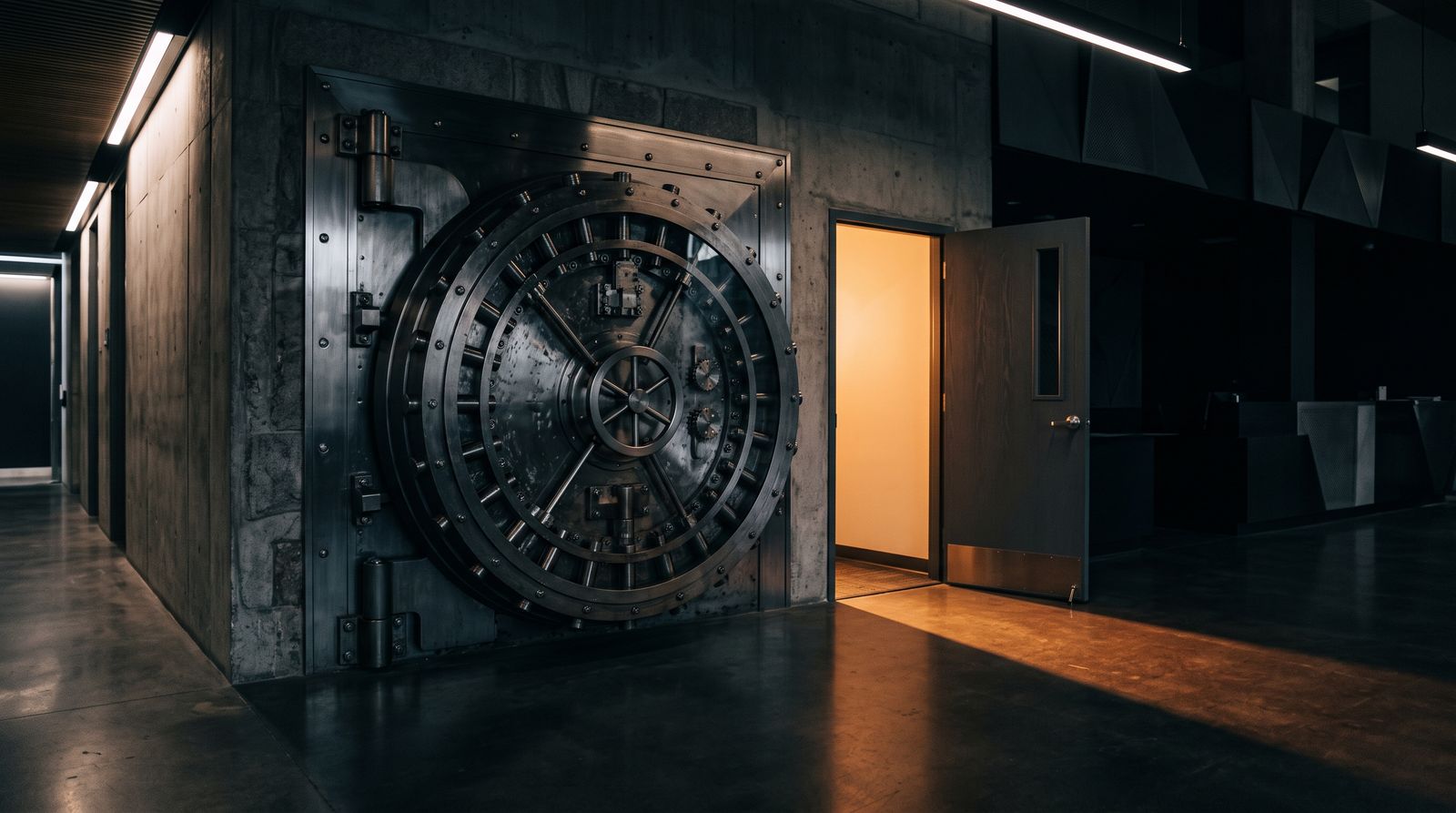 A sealed steel vault door beside an ordinary service door left slightly ajar