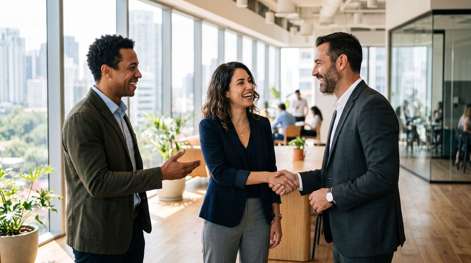 One professional introduces two others who shake hands in a bright modern office