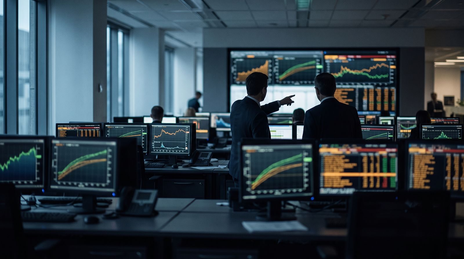 Anonymous traders on an institutional bond trading floor at dusk, monitors showing abstract yield-curve charts
