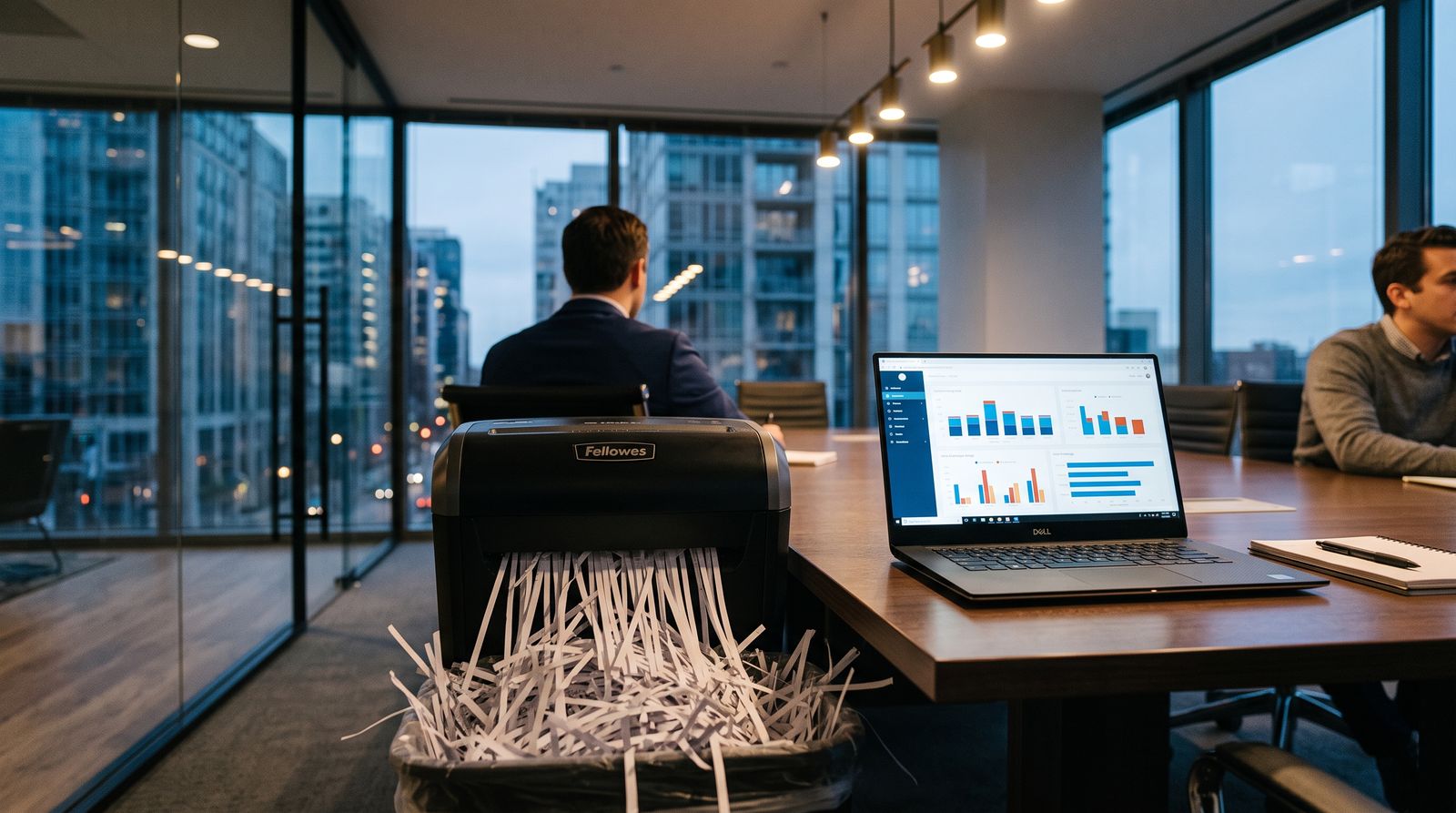 A paper shredder and a laptop showing an unreadable dashboard on a conference table at dusk