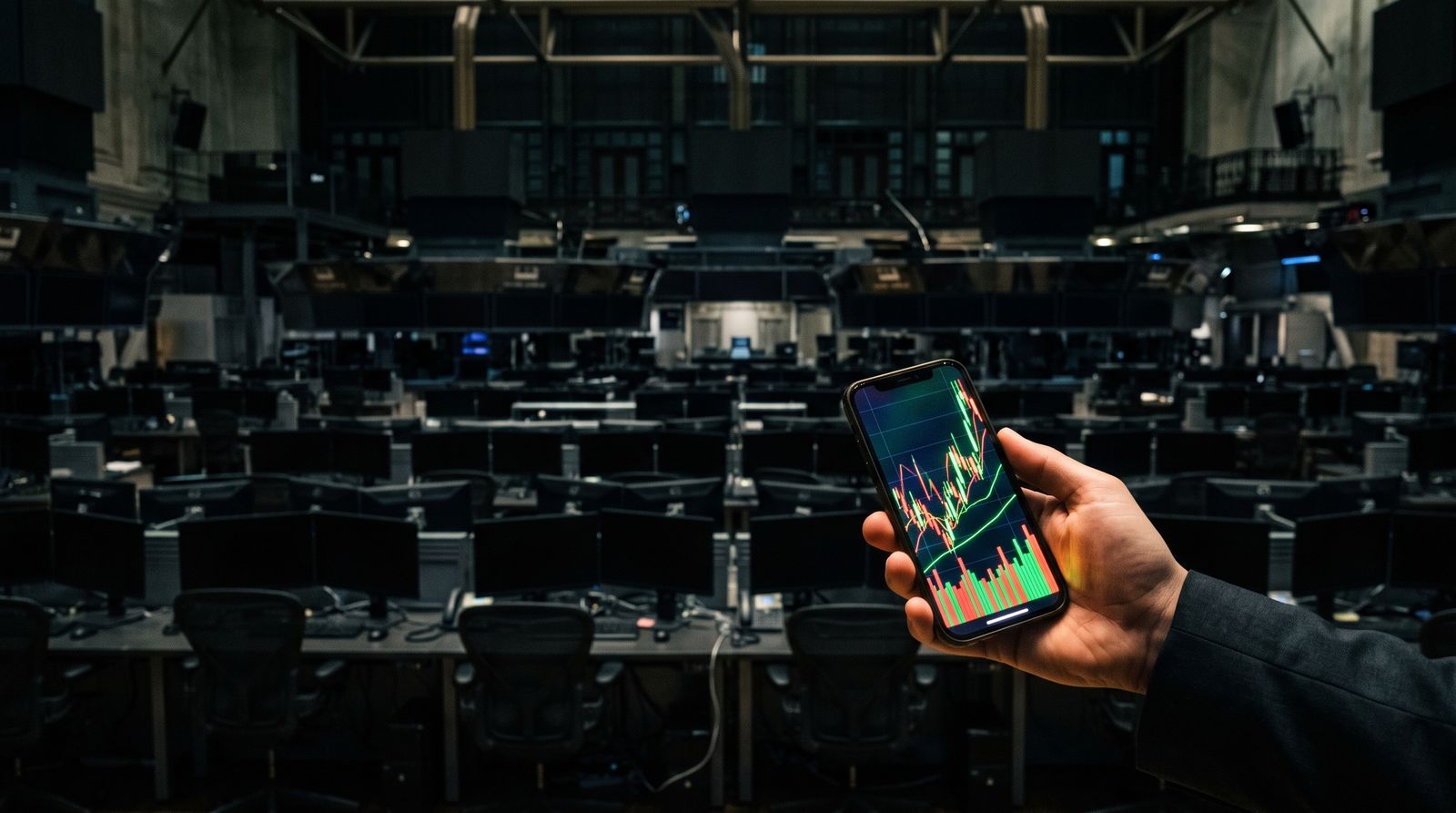 Dark empty trading floor with a smartphone glowing with trading charts