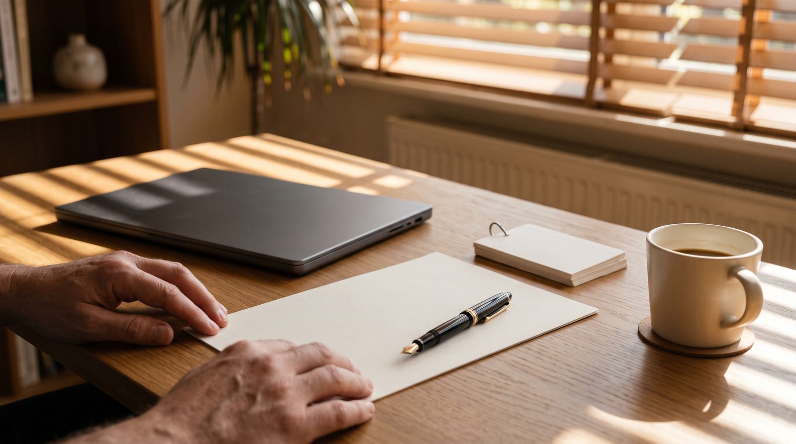 Hands squaring a printed page on a desk in morning light