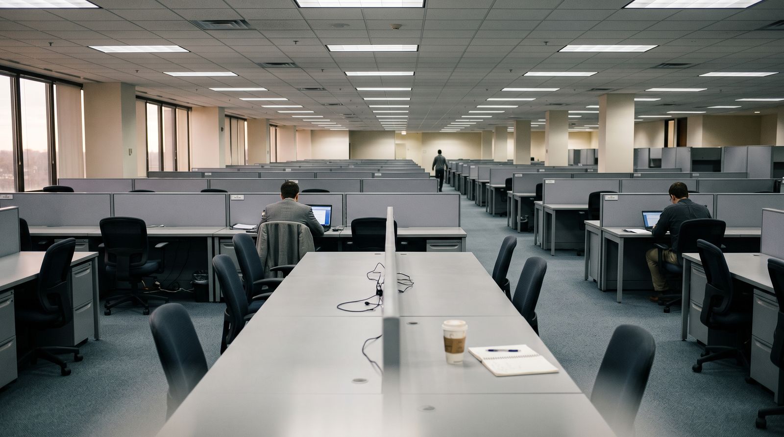 Rows of desks in a half-empty open-plan office under fluorescent light