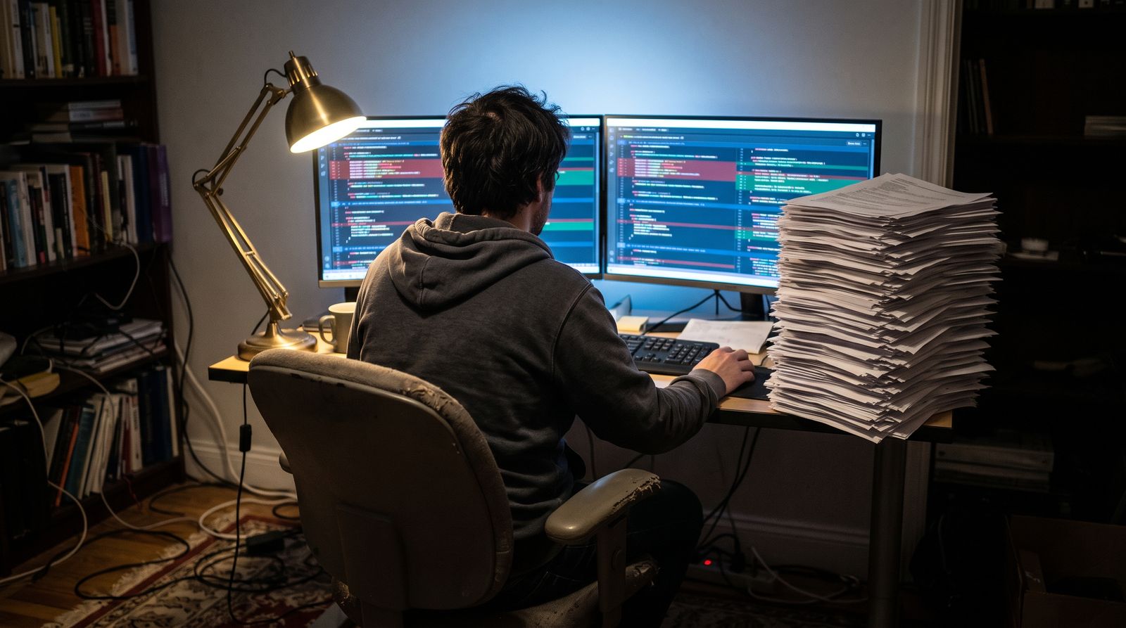 A developer reviewing code diffs beside a towering stack of printed pull request pages