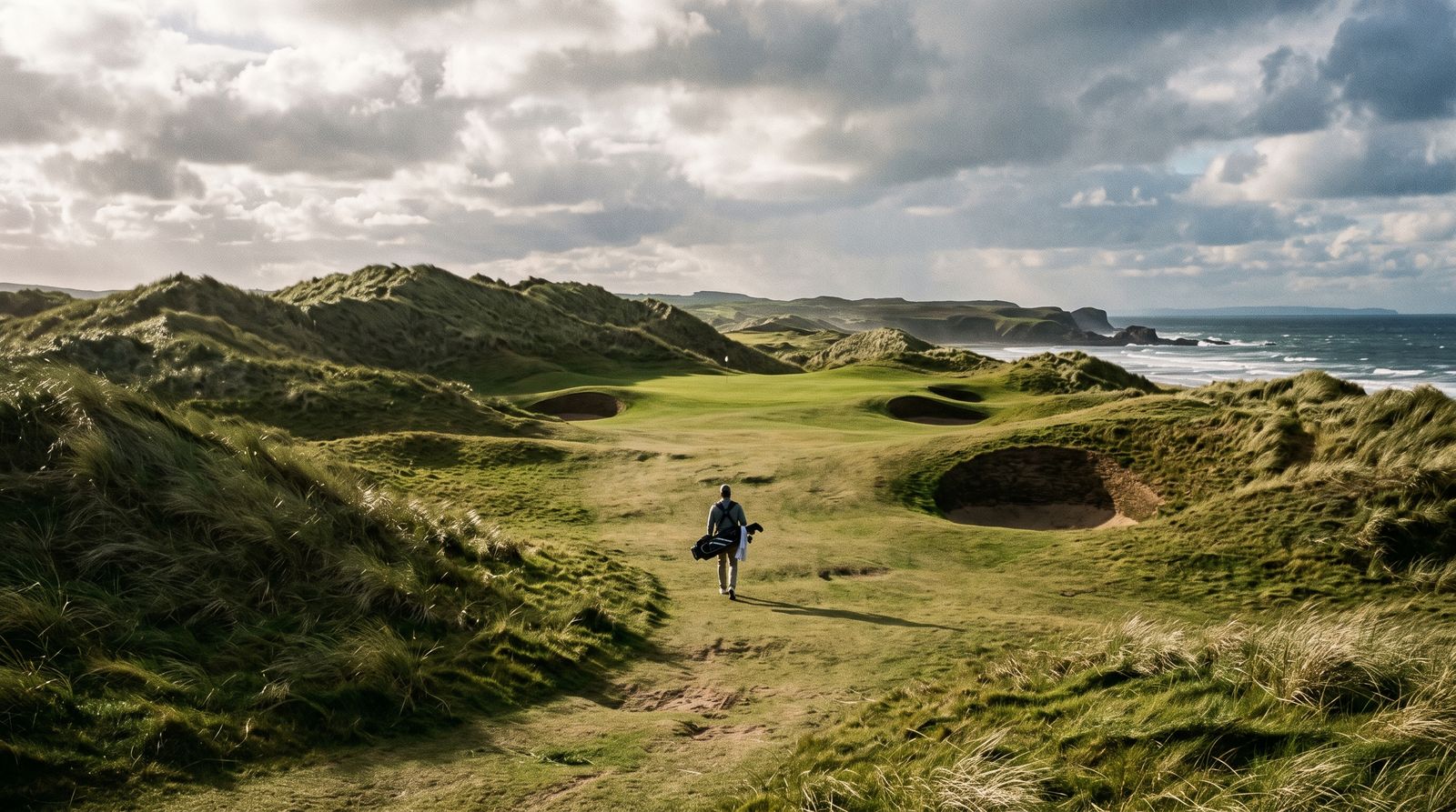 Golfer walking a windswept links fairway between dunes in dramatic light