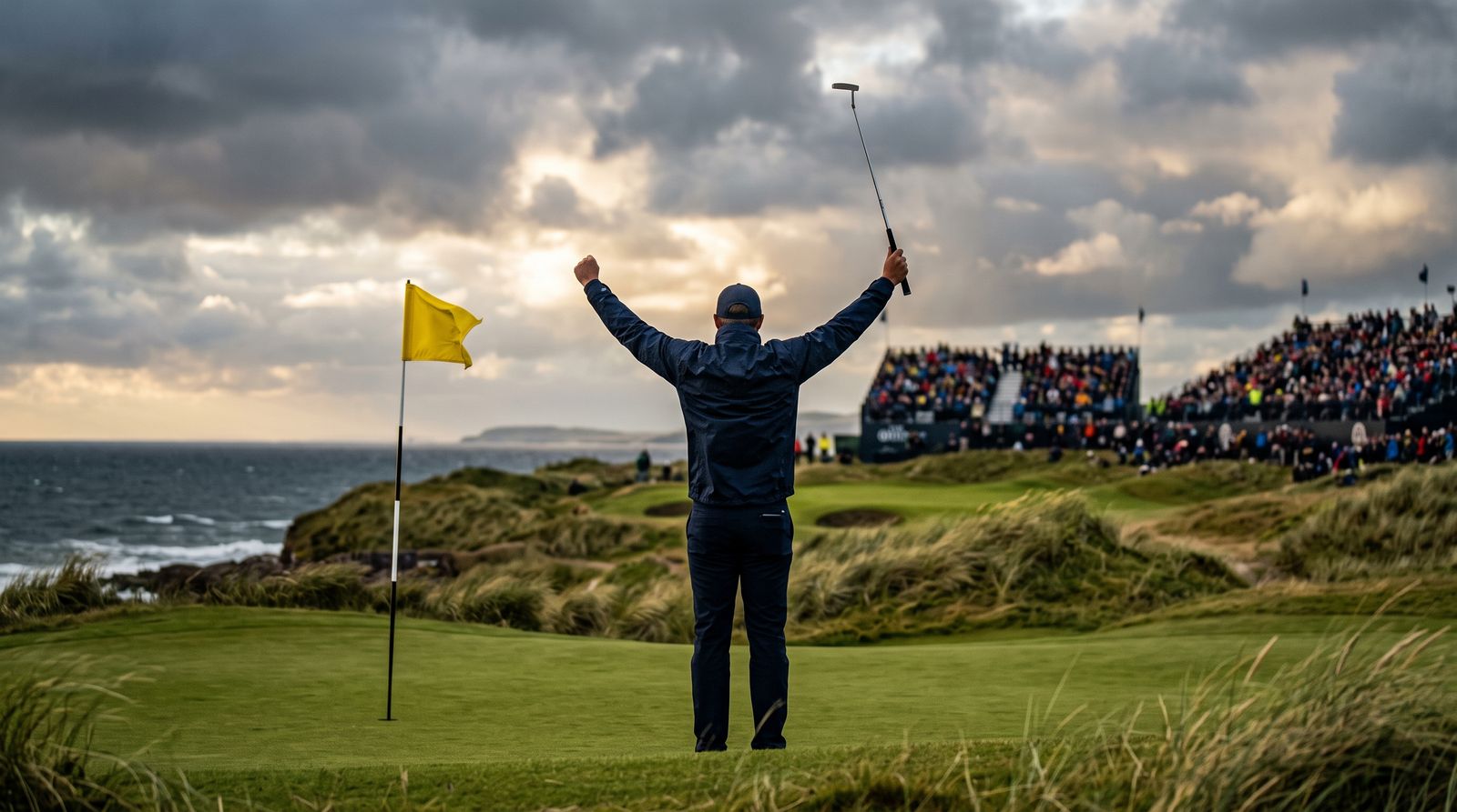 Golfer celebrating with putter raised on the 18th green of a links course