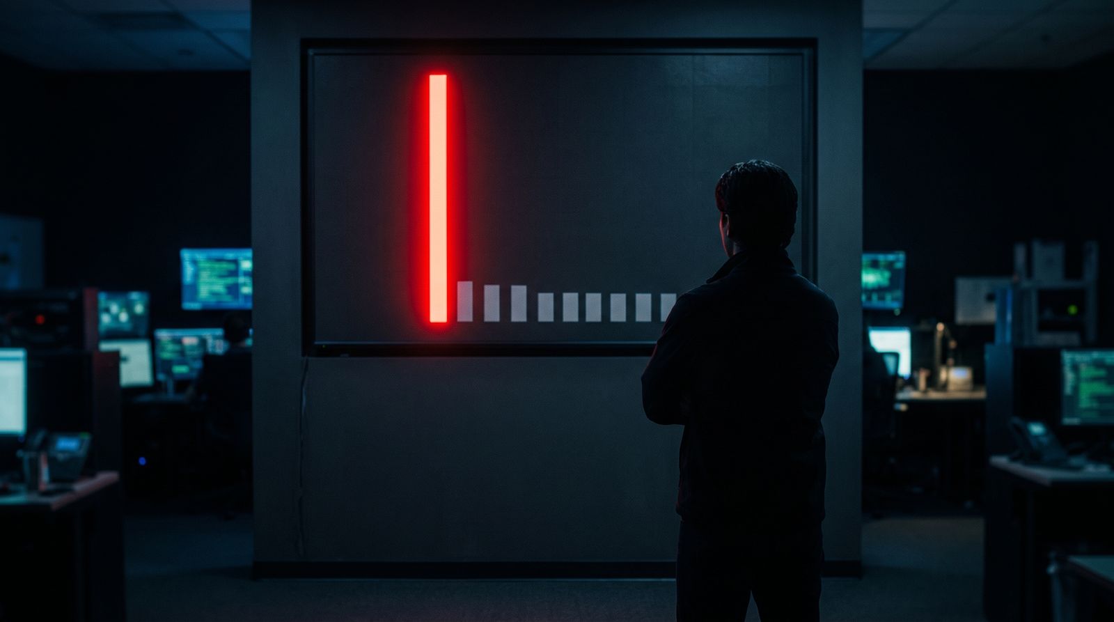 Analyst in silhouette studying a chart where one bar towers over the rest