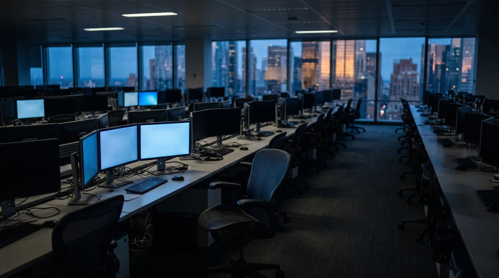 Empty trading floor at dusk with rows of dark monitors and a city skyline beyond