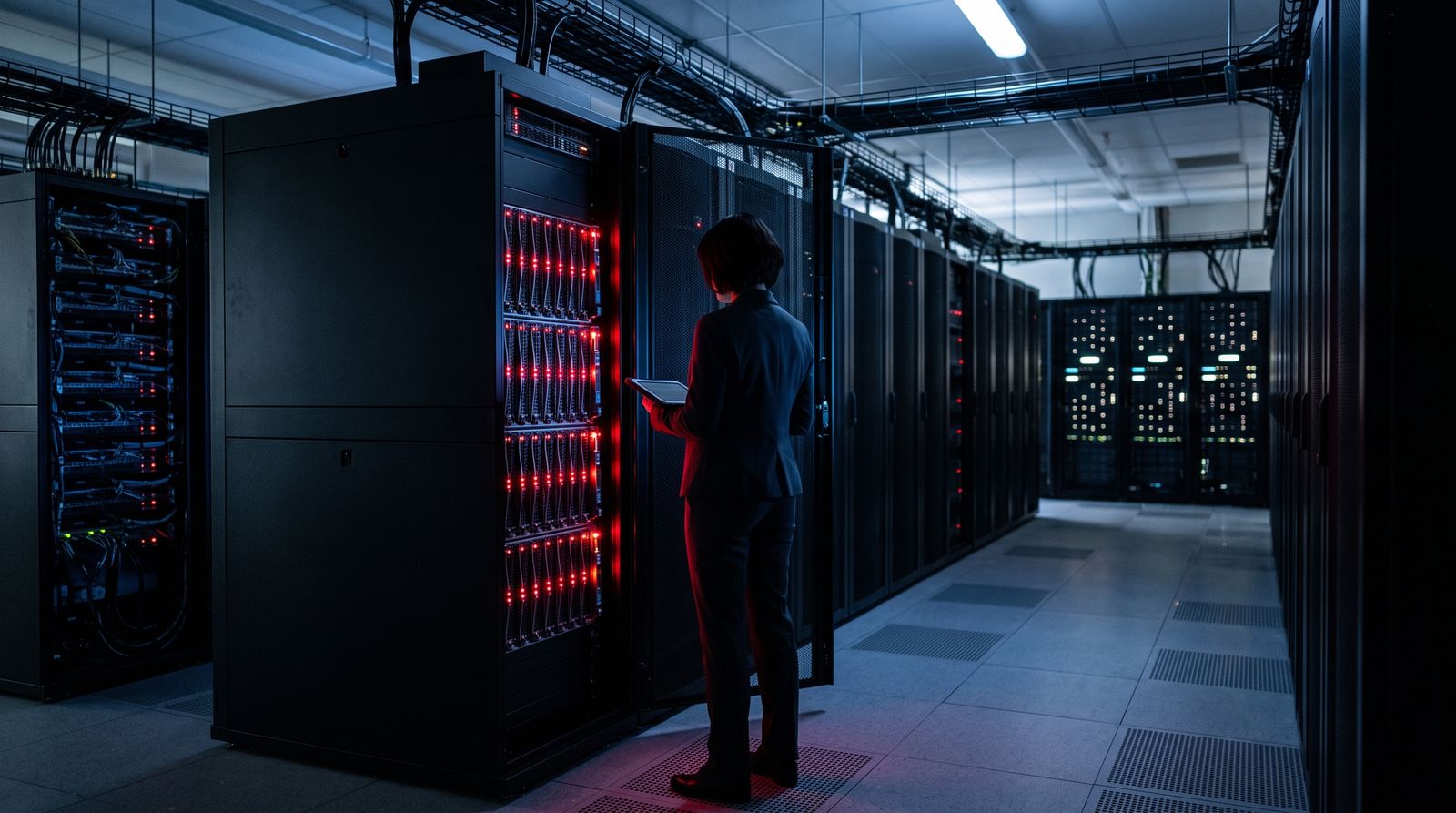 Rows of black server racks with red status lights in a secure enterprise data center, an anonymous technician reviewing hardware
