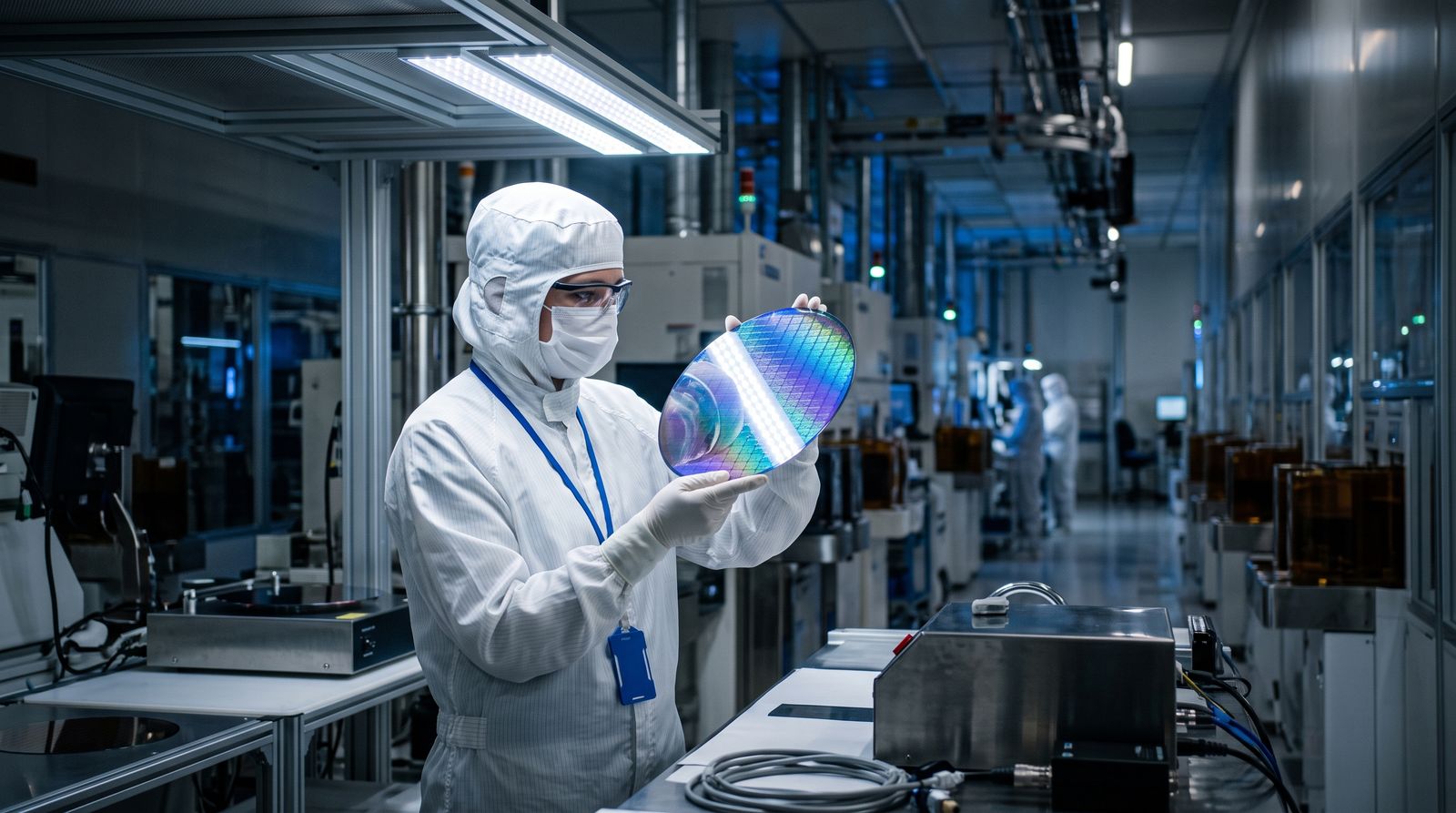 A technician in a cleanroom bunny suit inspects a silicon memory wafer under bright inspection light