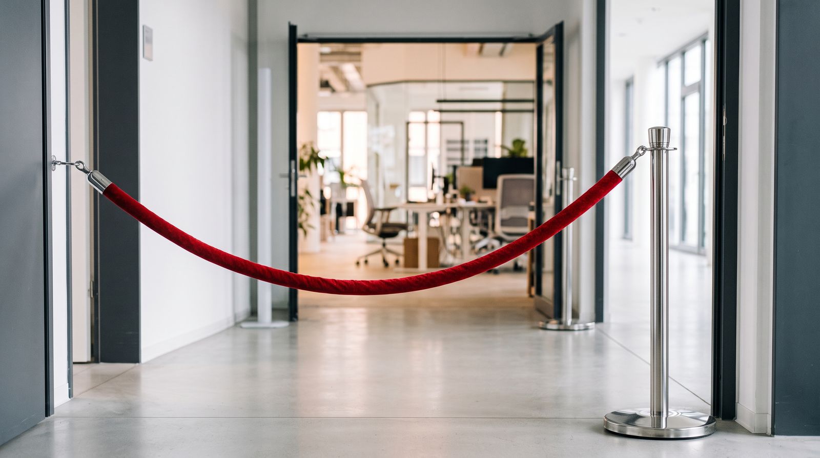 Red velvet rope across a modern office doorway