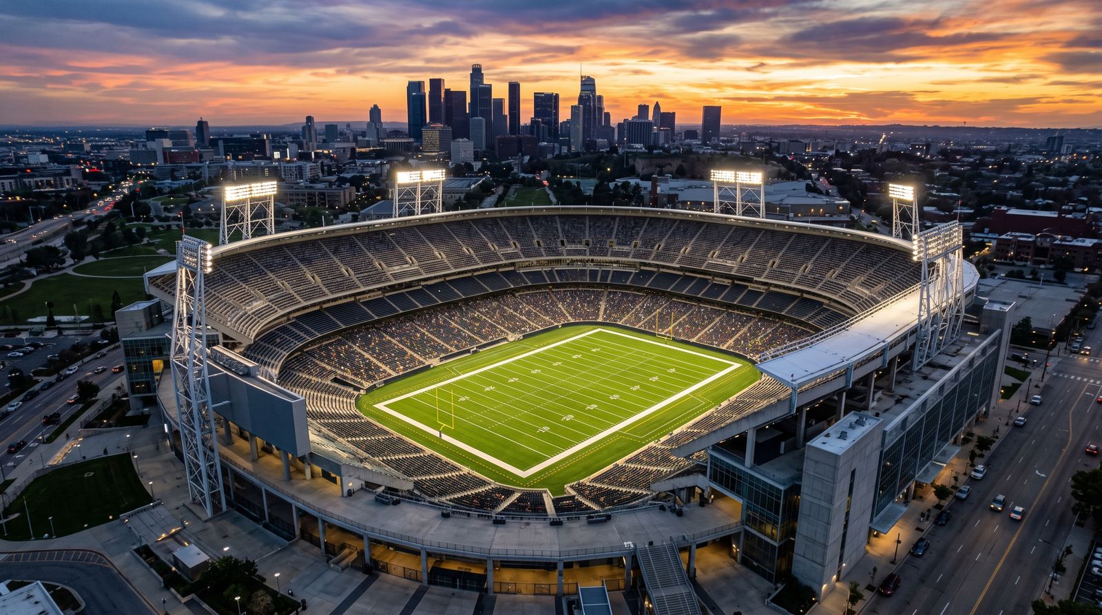 Aerial view of a modern American football stadium at dusk, floodlights glowing over an empty green field with a city skyline behind it