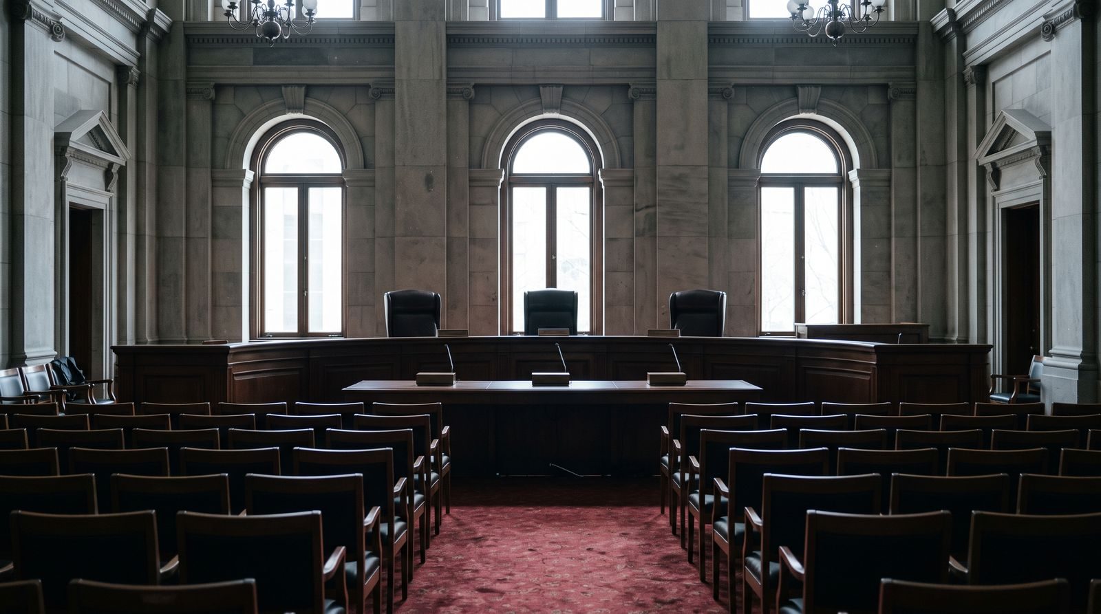 An empty government hearing room with three vacant chairs behind a dais