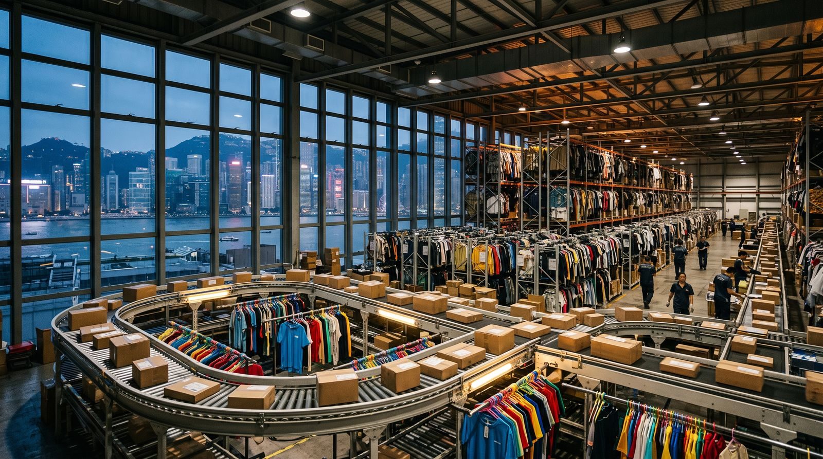 Fast-fashion garments and parcels in a warehouse with a harbor city skyline beyond
