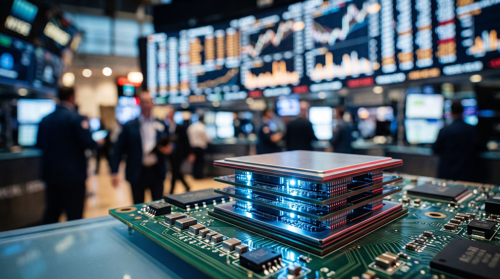 Macro view of glowing stacked high-bandwidth memory chip modules on a green circuit board, with a softly blurred financial exchange trading floor behind, cool silver and blue tones with red highlights