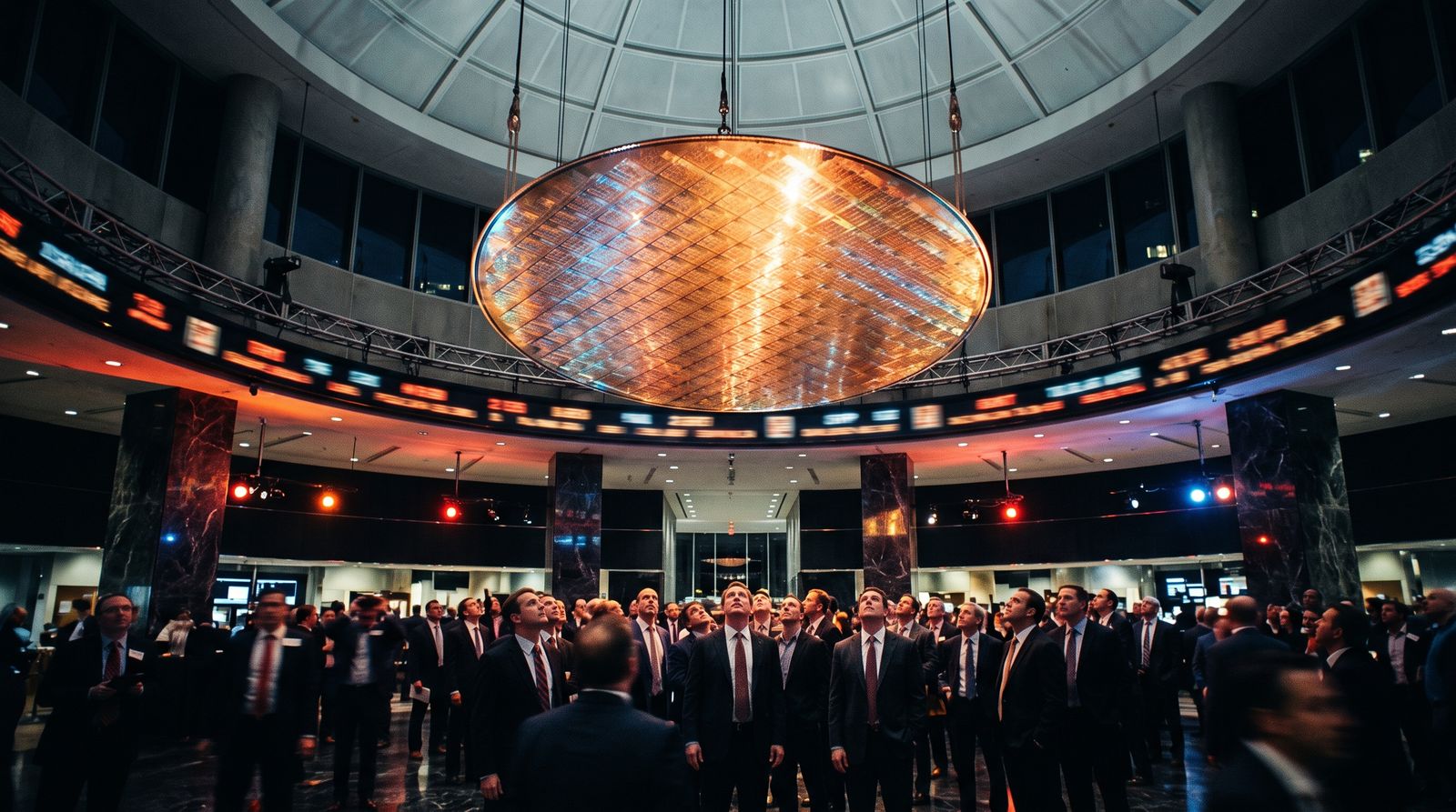 Giant silicon wafer looming over a stock exchange trading floor