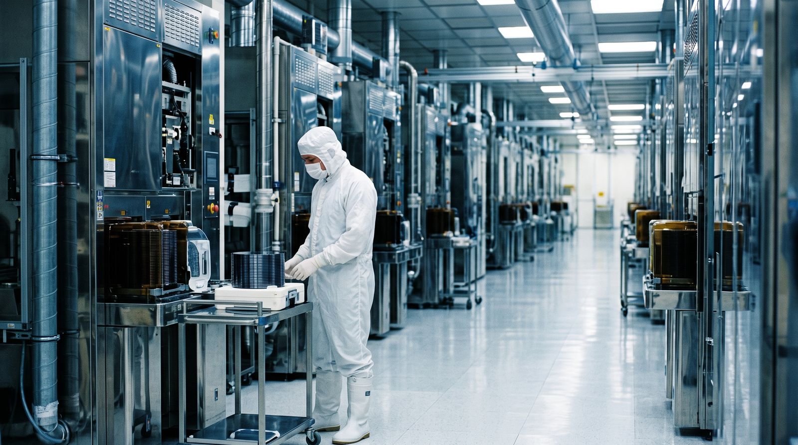 Technician in a white cleanroom suit beside wafer-processing tools in a semiconductor fabrication plant