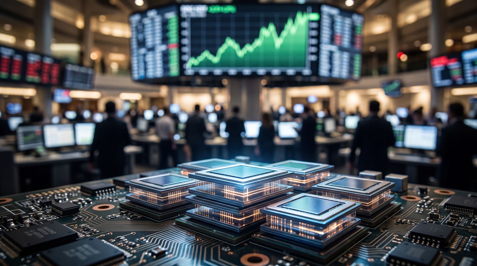 Anonymous traders on a stock exchange floor watching a rising green chart, with glowing stacked memory chips in the foreground