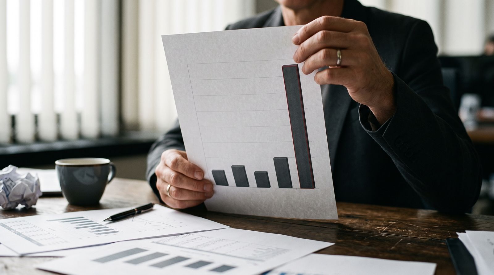 Anonymous hands holding a printed bar chart where one bar towers over the rest, on a desk of financial printouts