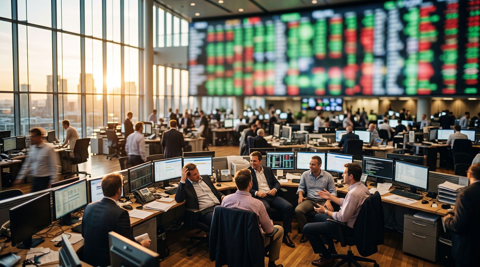 Anonymous traders on a stock exchange floor at the closing bell, a blurred display wall glowing green and red behind them in warm late-afternoon light