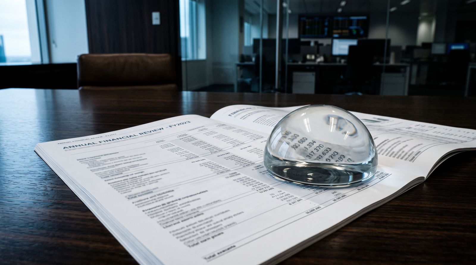 A printed earnings report on a desk, part of it magnified and distorted by a glass paperweight