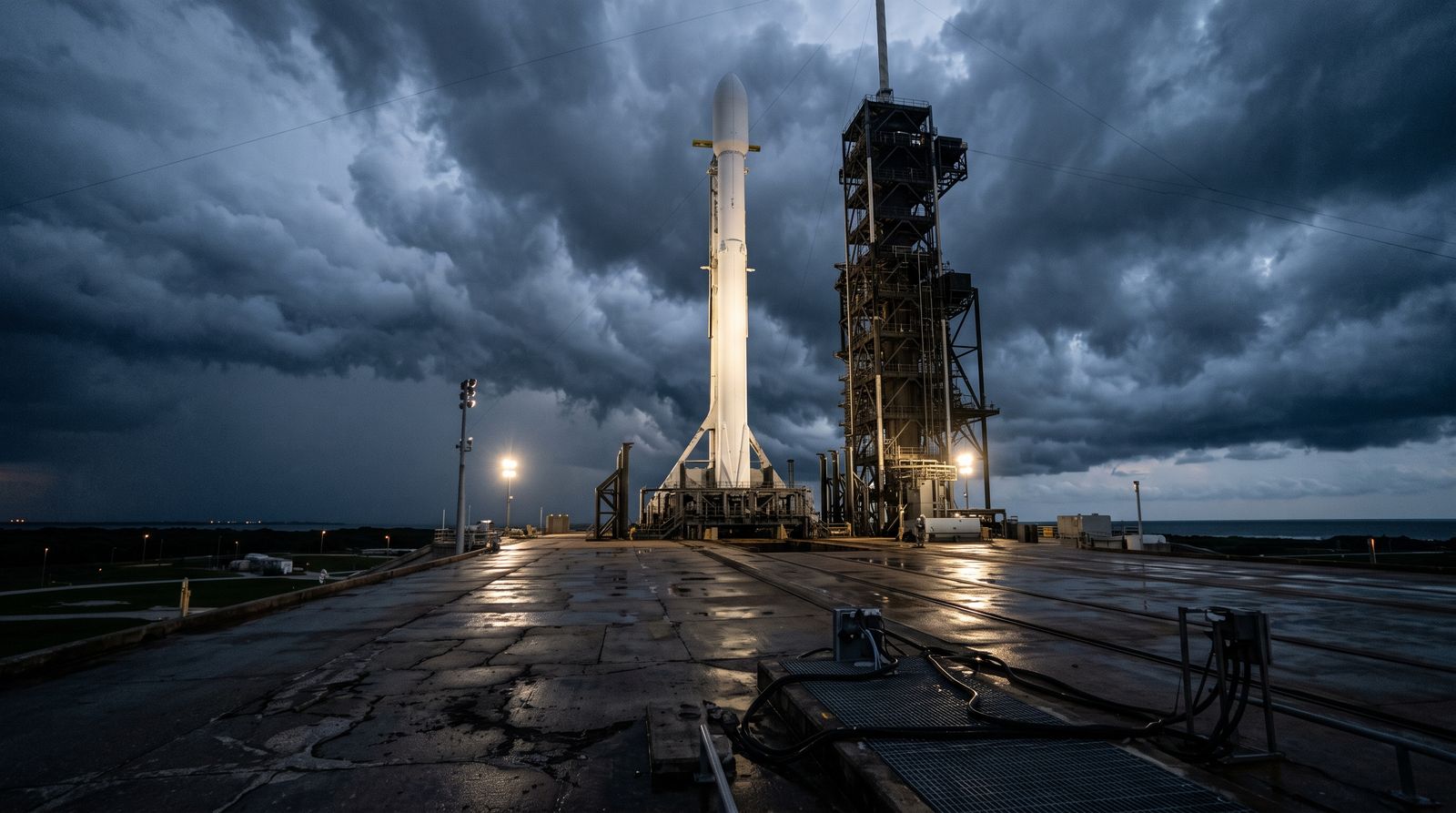 Rocket on a launch pad under storm clouds at dusk