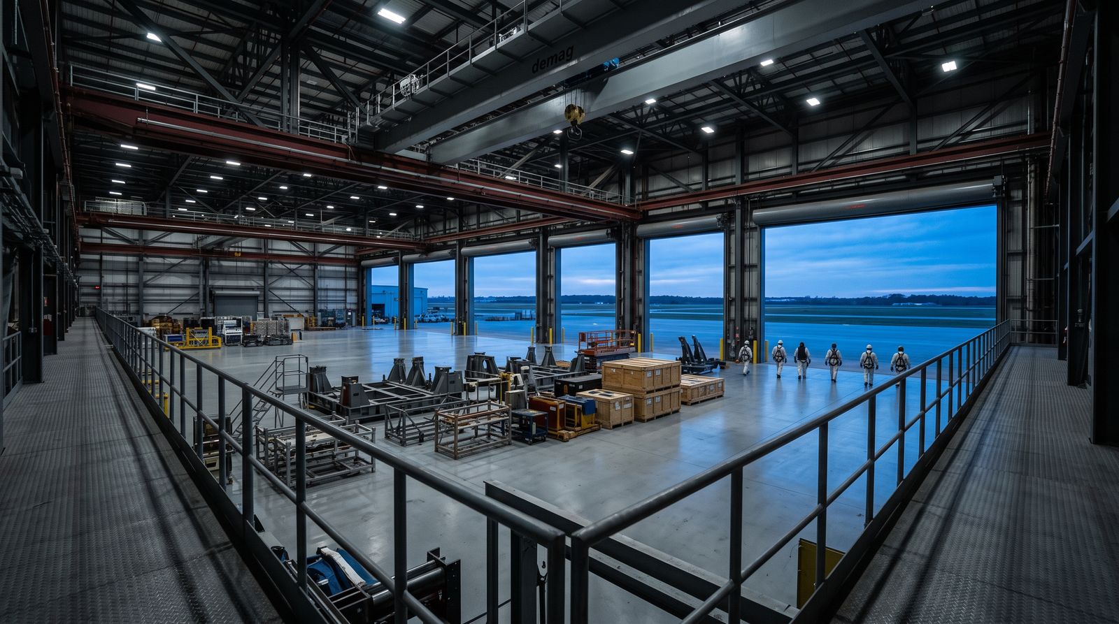 A cavernous aerospace assembly hangar with its tall roller doors standing wide open at dusk