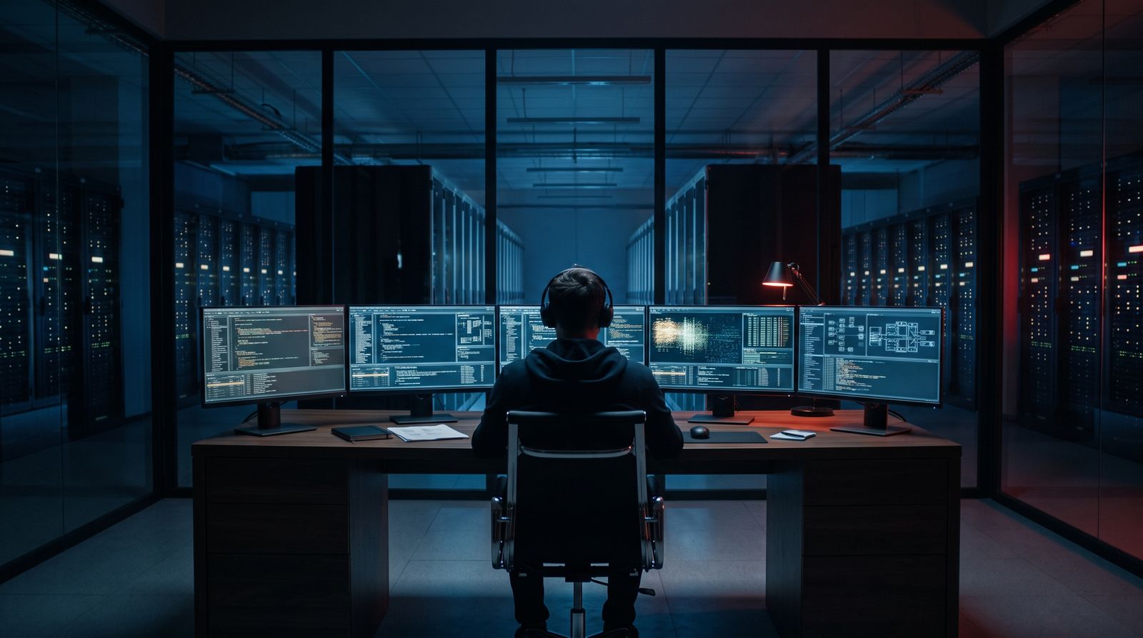 A developer at a workstation of glowing screens with rows of supercomputer server racks behind glass, evoking a vertically integrated AI model built on private compute