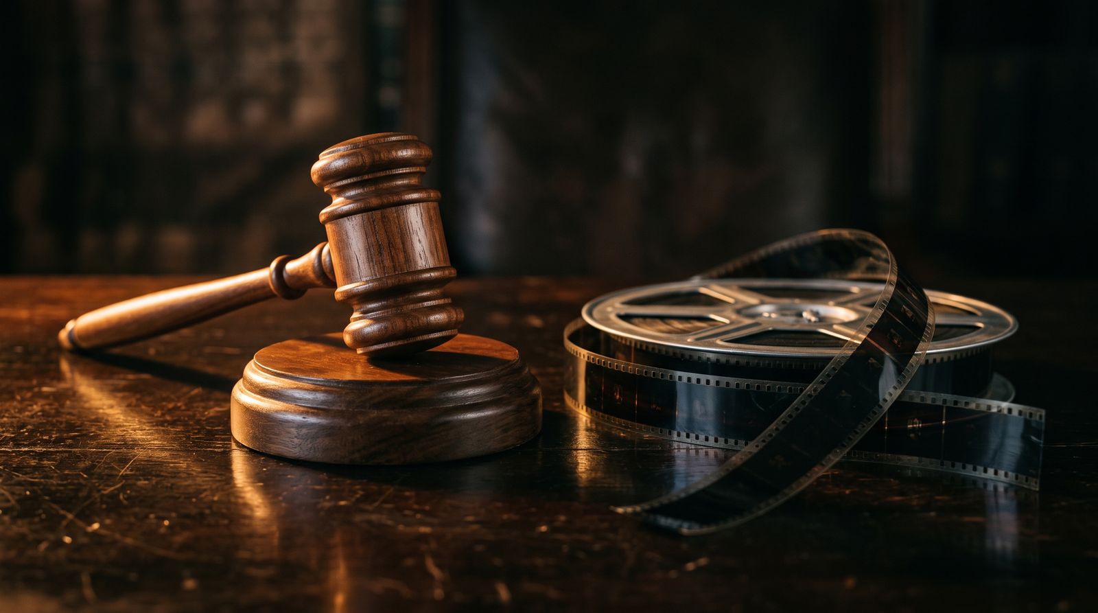 A judge&rsquo;s gavel beside a reel of cinema film on a dark desk