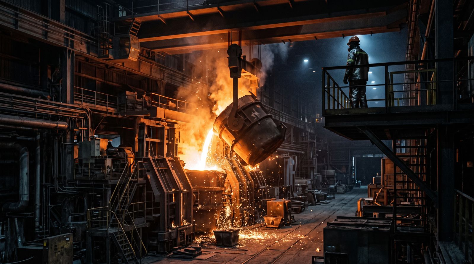Molten steel pouring in an electric arc furnace mill with sparks and a silhouetted worker