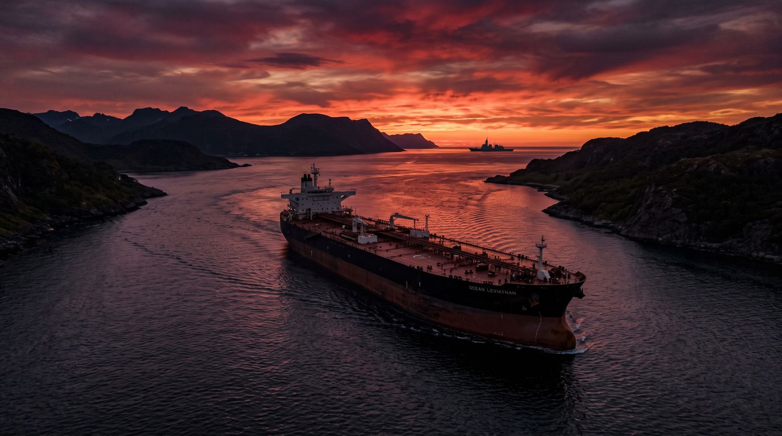 An oil tanker moving through a narrow strait at dusk with a distant naval vessel on the horizon